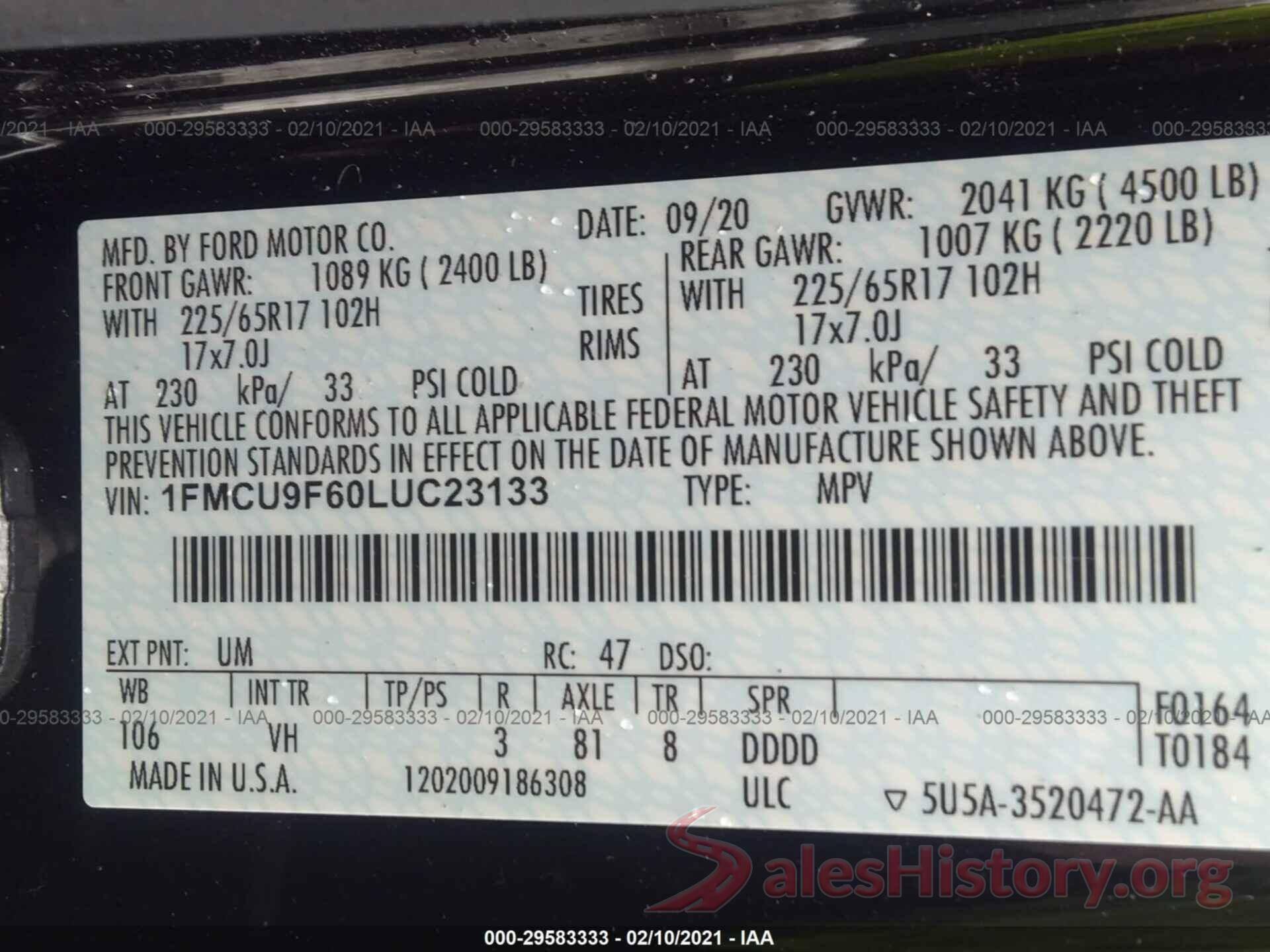 1FMCU9F60LUC23133 2020 FORD ESCAPE