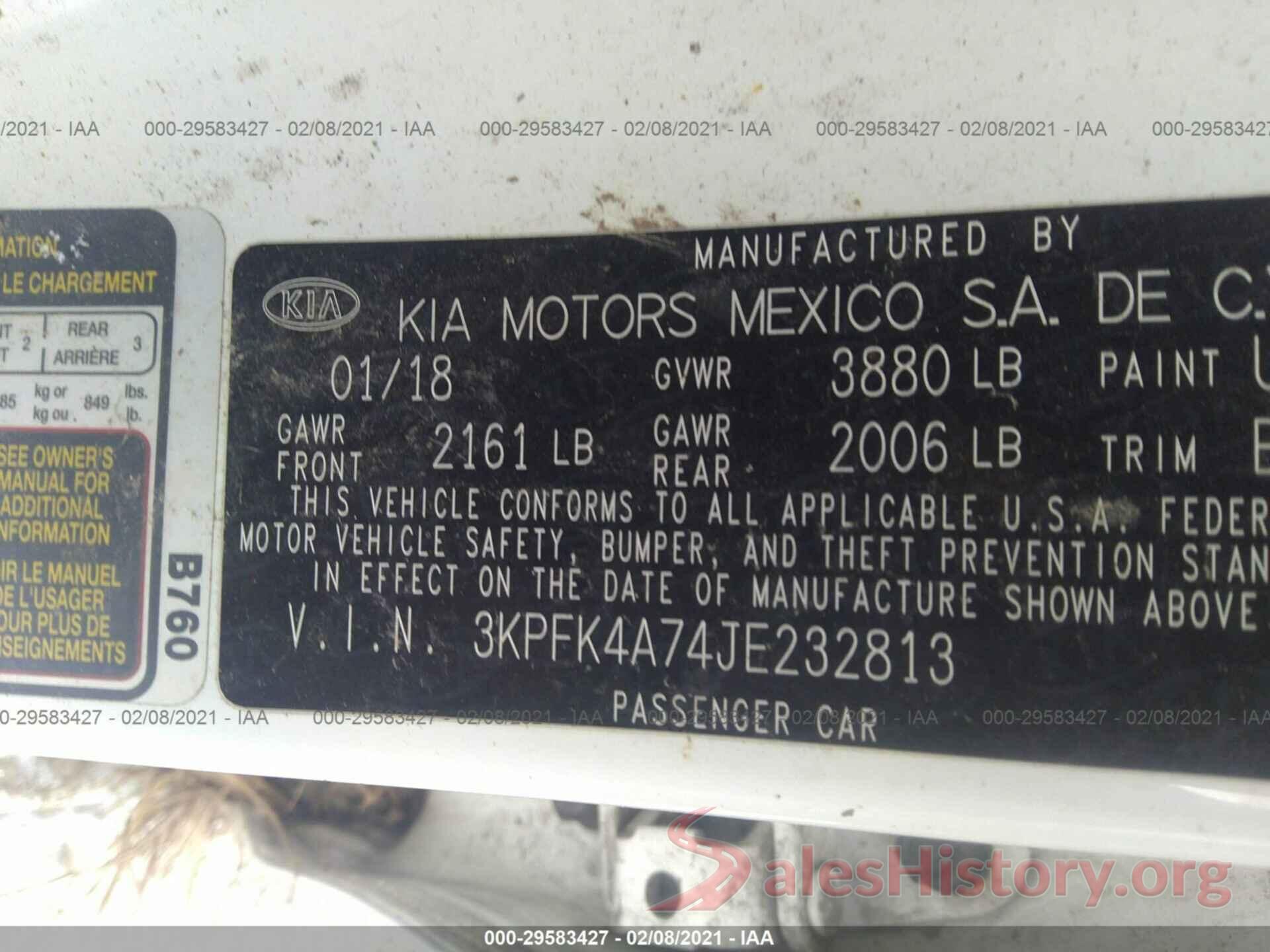 3KPFK4A74JE232813 2018 KIA FORTE