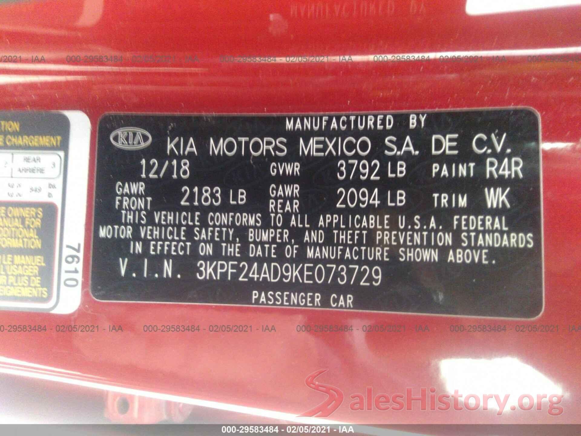 3KPF24AD9KE073729 2019 KIA FORTE