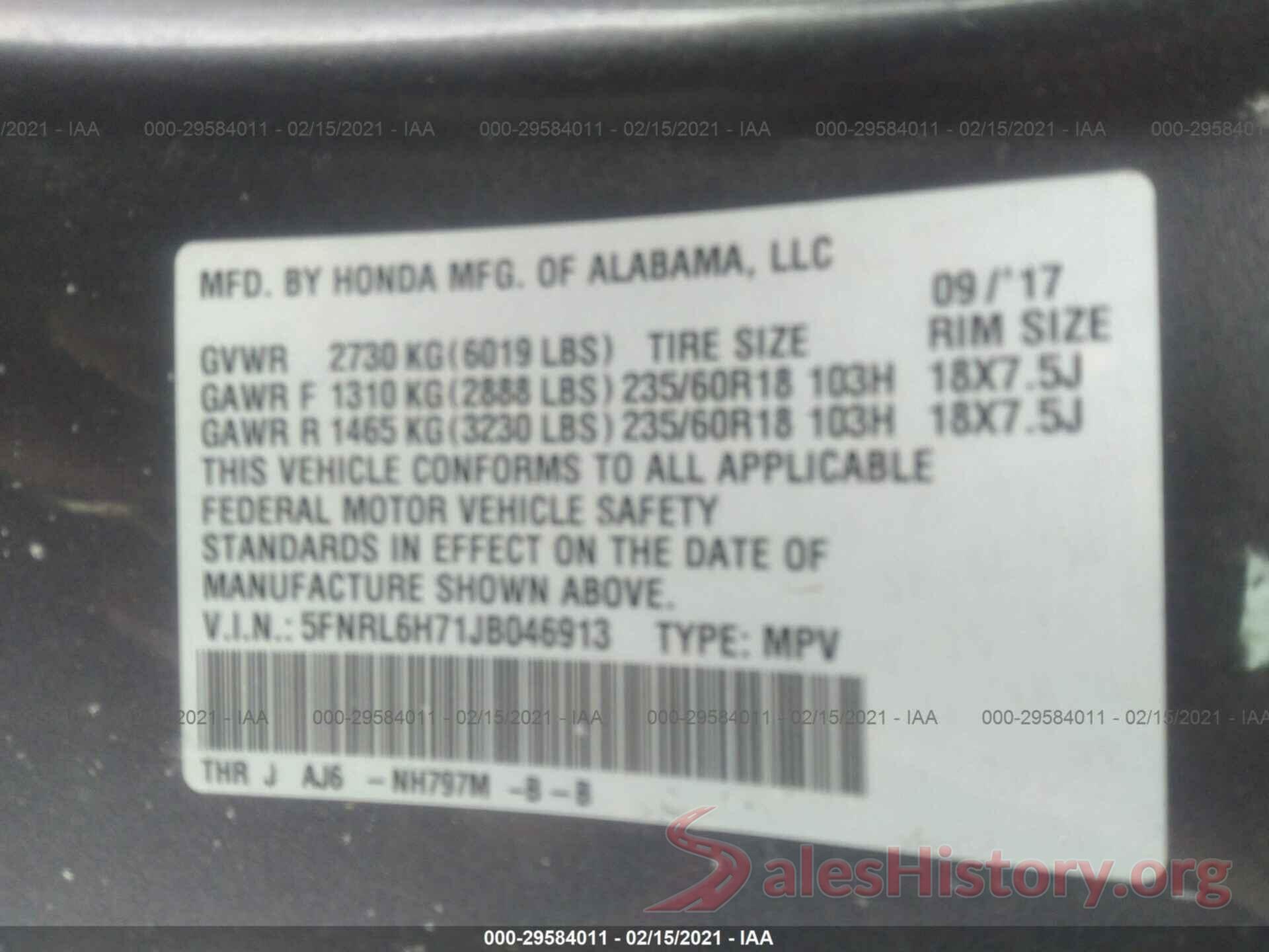 5FNRL6H71JB046913 2018 HONDA ODYSSEY