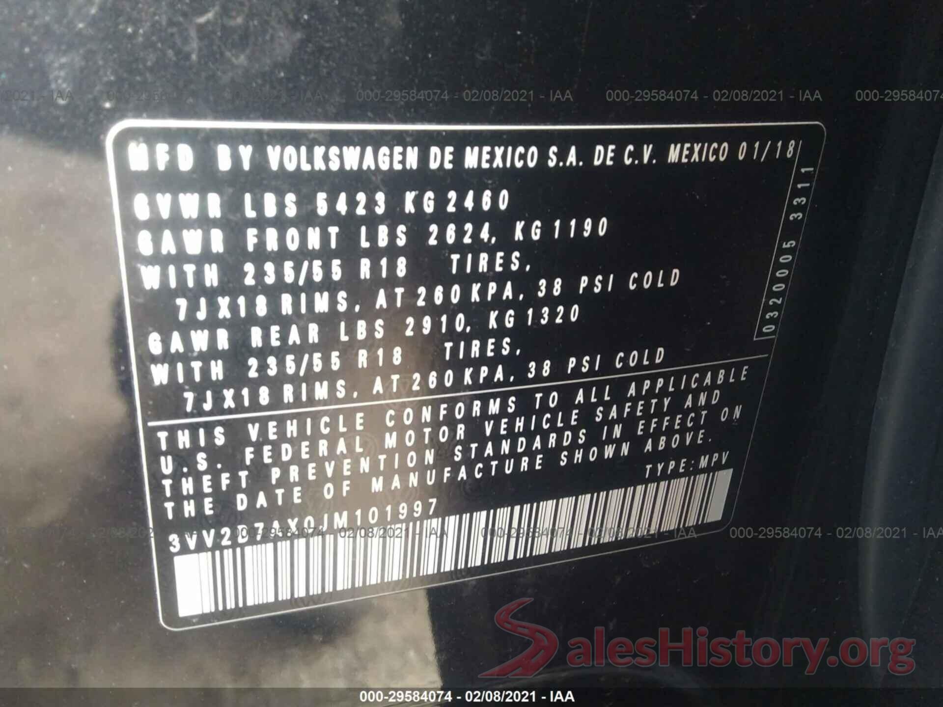 3VV2B7AX0JM101997 2018 VOLKSWAGEN TIGUAN