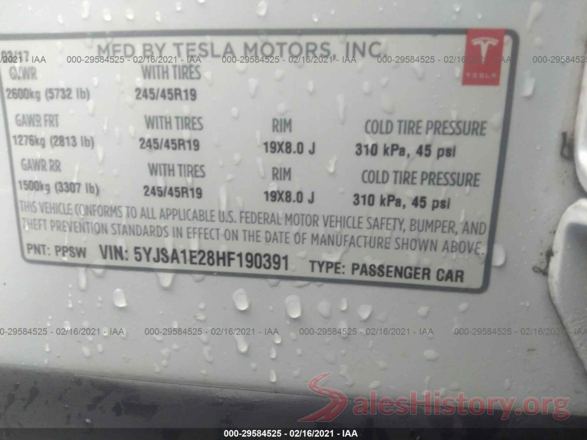 5YJSA1E28HF190391 2017 TESLA MODEL S