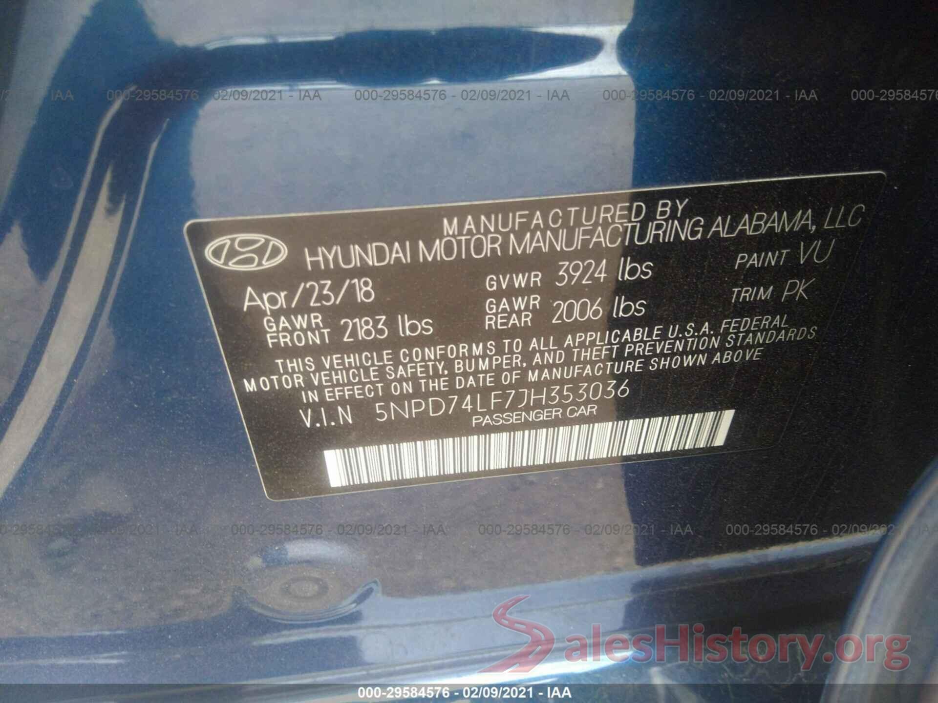 5NPD74LF7JH353036 2018 HYUNDAI ELANTRA