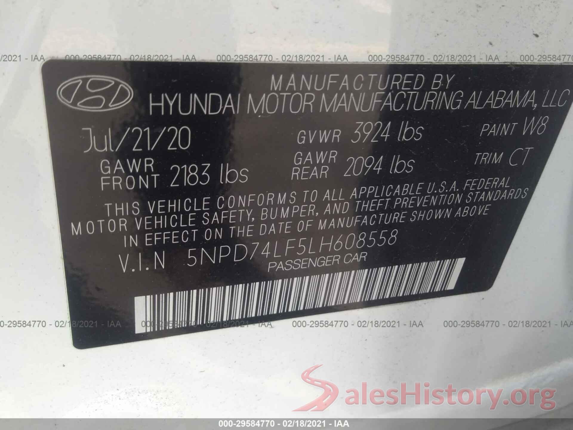 5NPD74LF5LH608558 2020 HYUNDAI ELANTRA