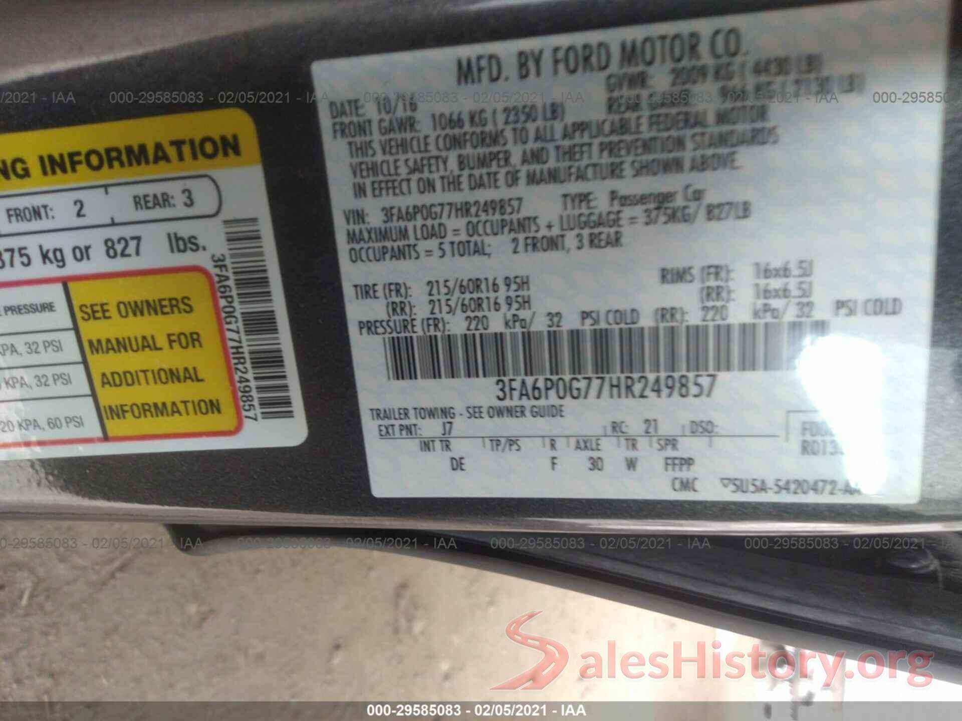 3FA6P0G77HR249857 2017 FORD FUSION