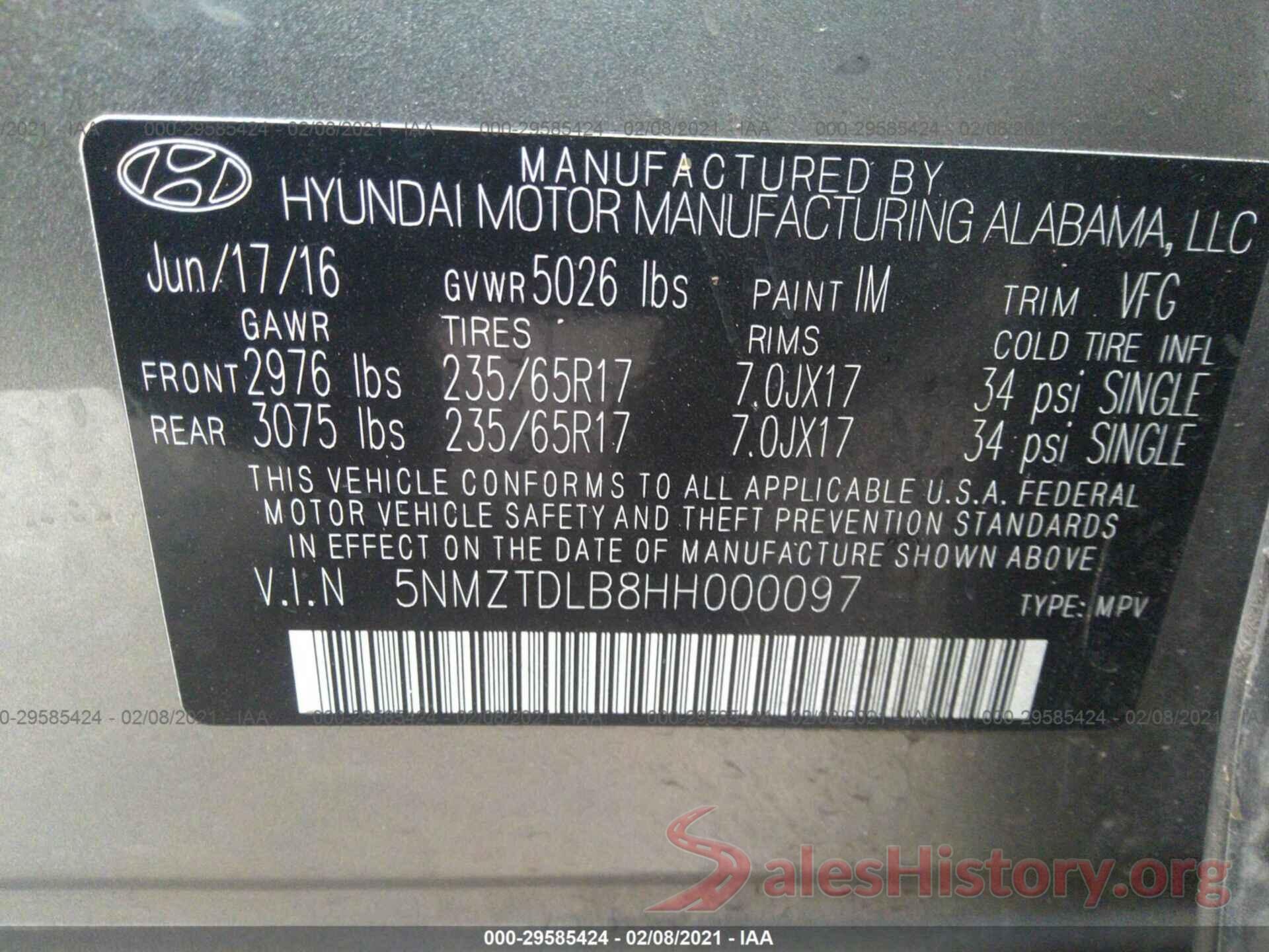 5NMZTDLB8HH000097 2017 HYUNDAI SANTA FE SPORT