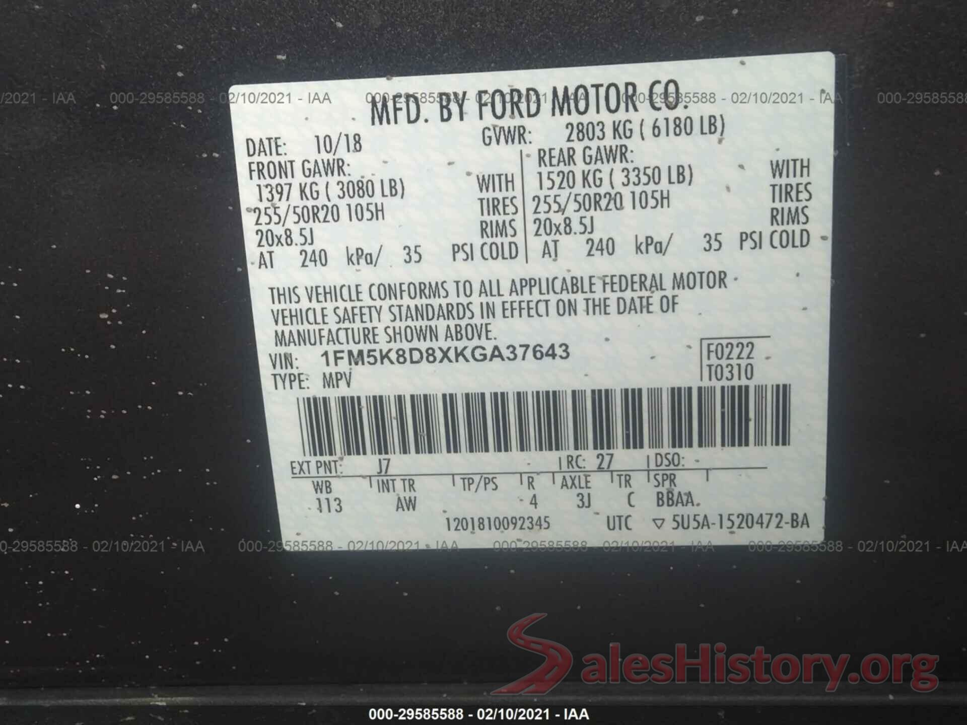 1FM5K8D8XKGA37643 2019 FORD EXPLORER