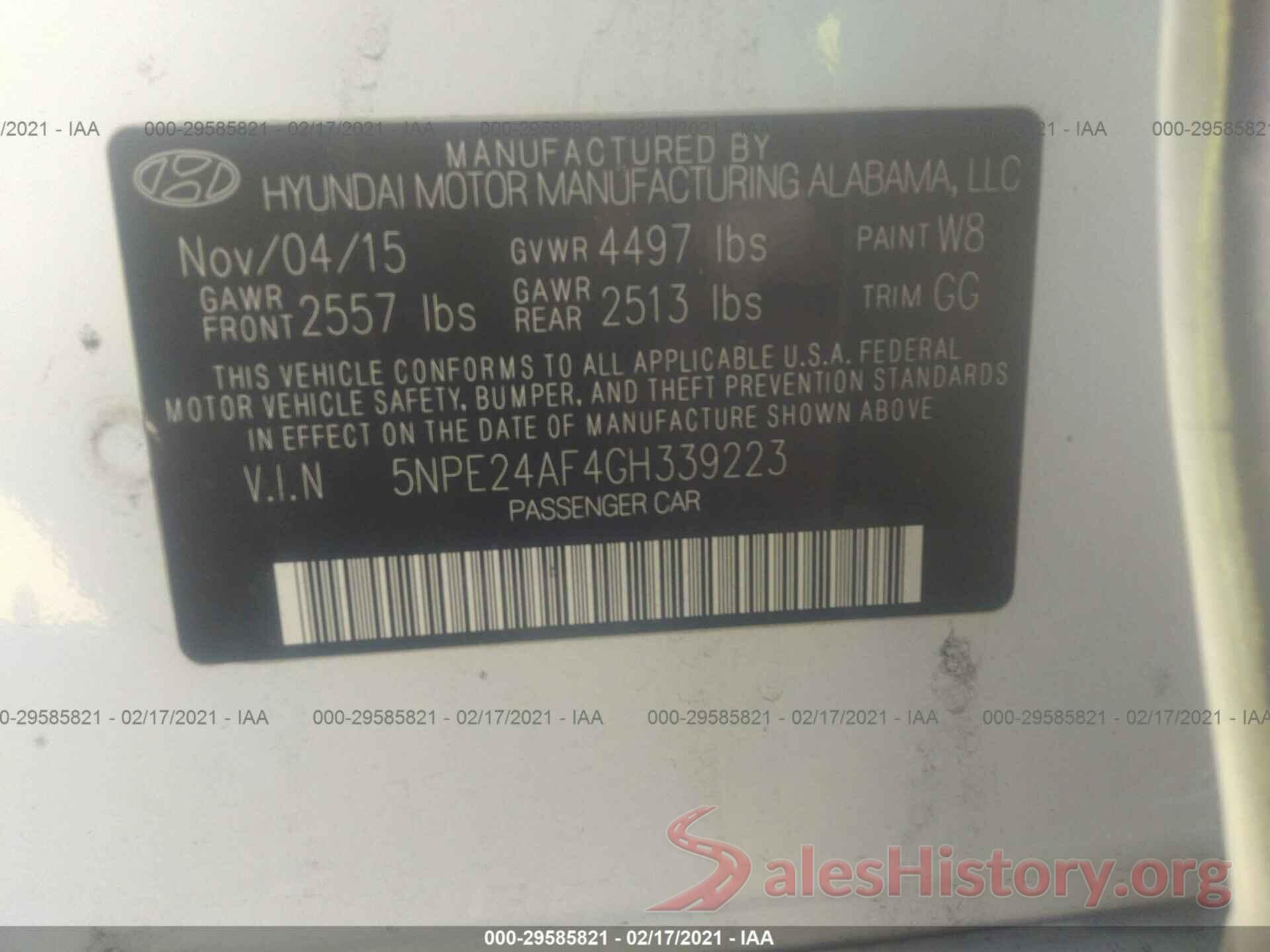 5NPE24AF4GH339223 2016 HYUNDAI SONATA