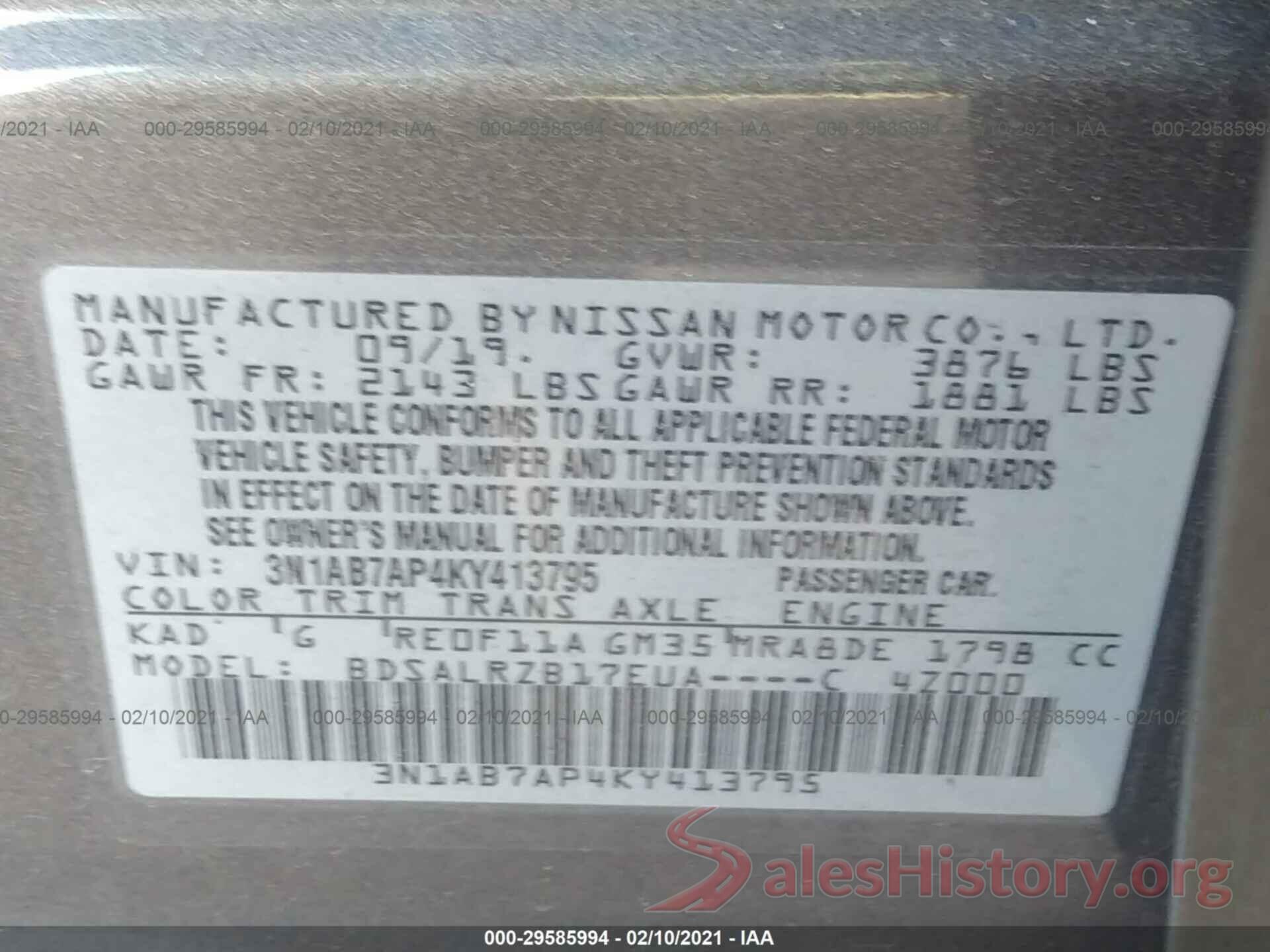 3N1AB7AP4KY413795 2019 NISSAN SENTRA