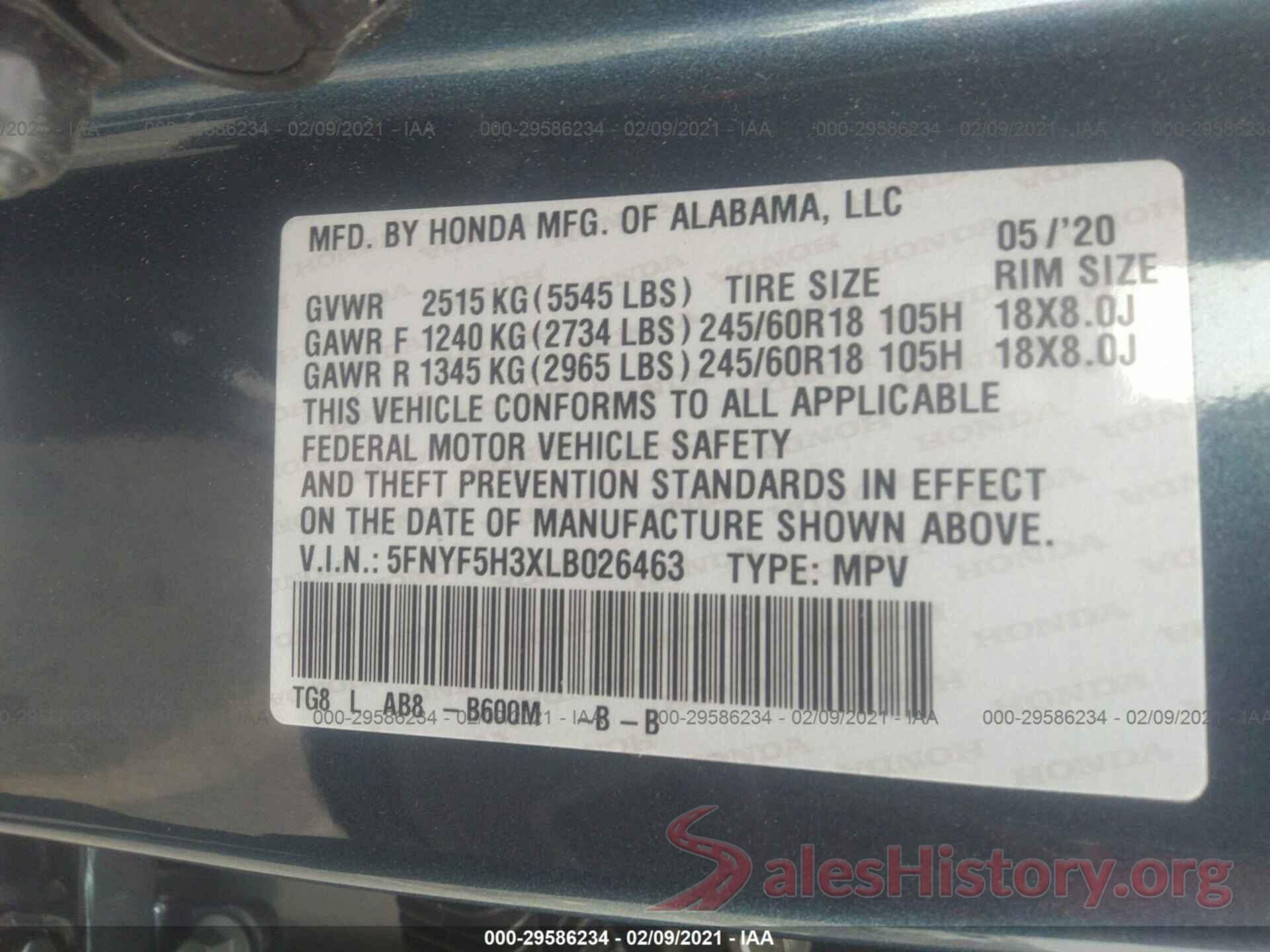 5FNYF5H3XLB026463 2020 HONDA PILOT