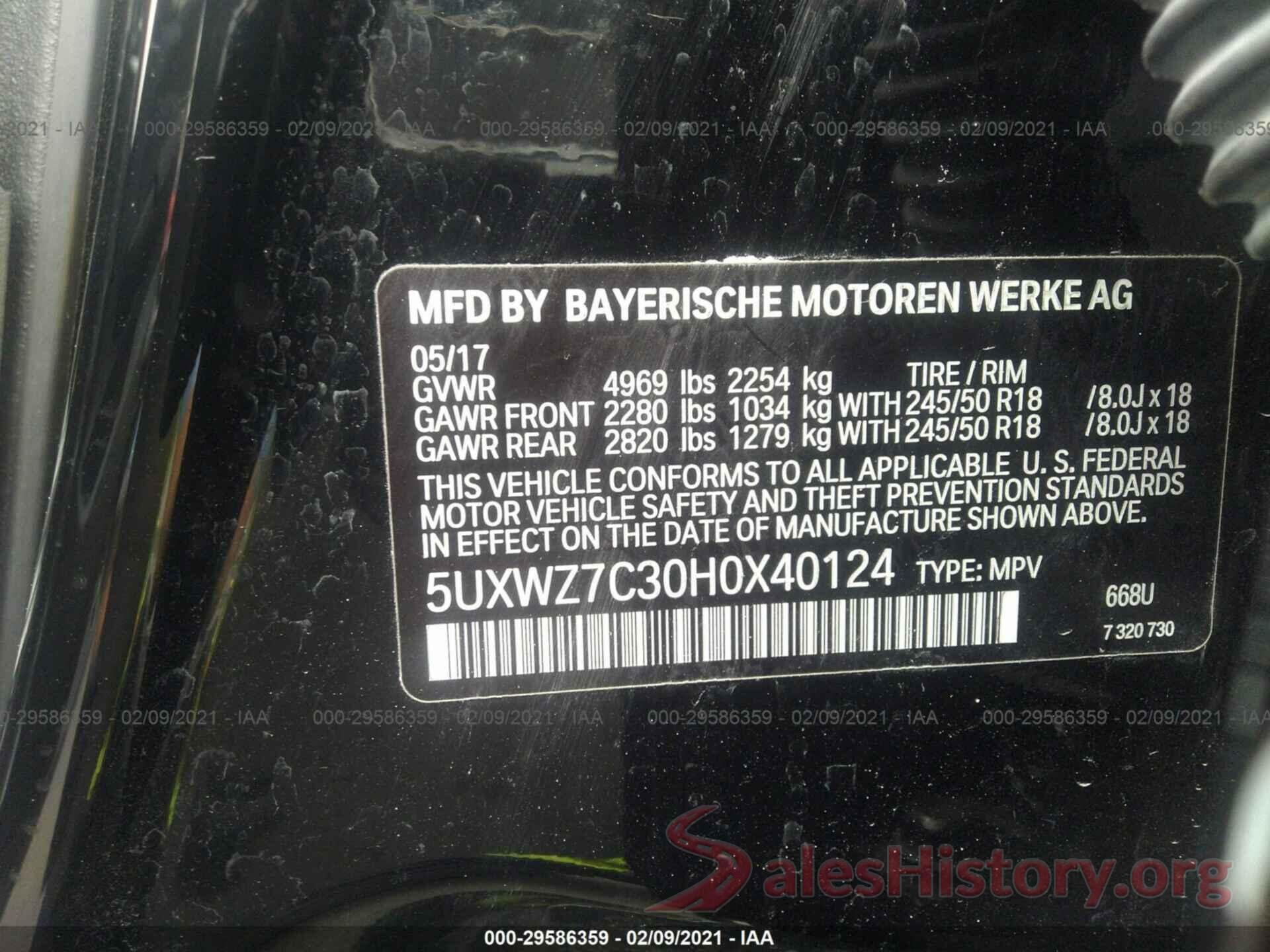 5UXWZ7C30H0X40124 2017 BMW X3