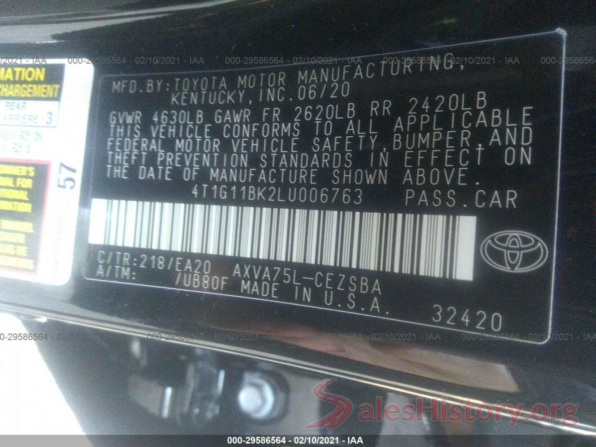 4T1G11BK2LU006763 2020 TOYOTA CAMRY