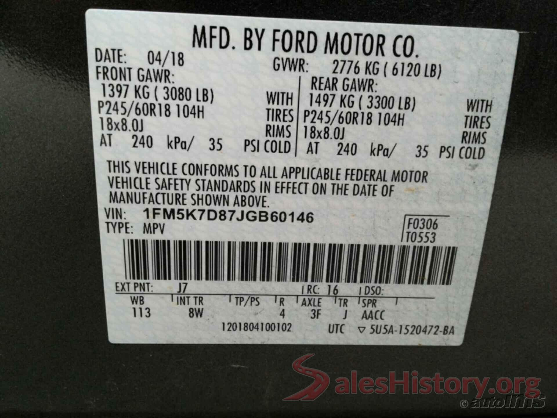 1FM5K7D87JGB60146 2018 FORD EXPLORER