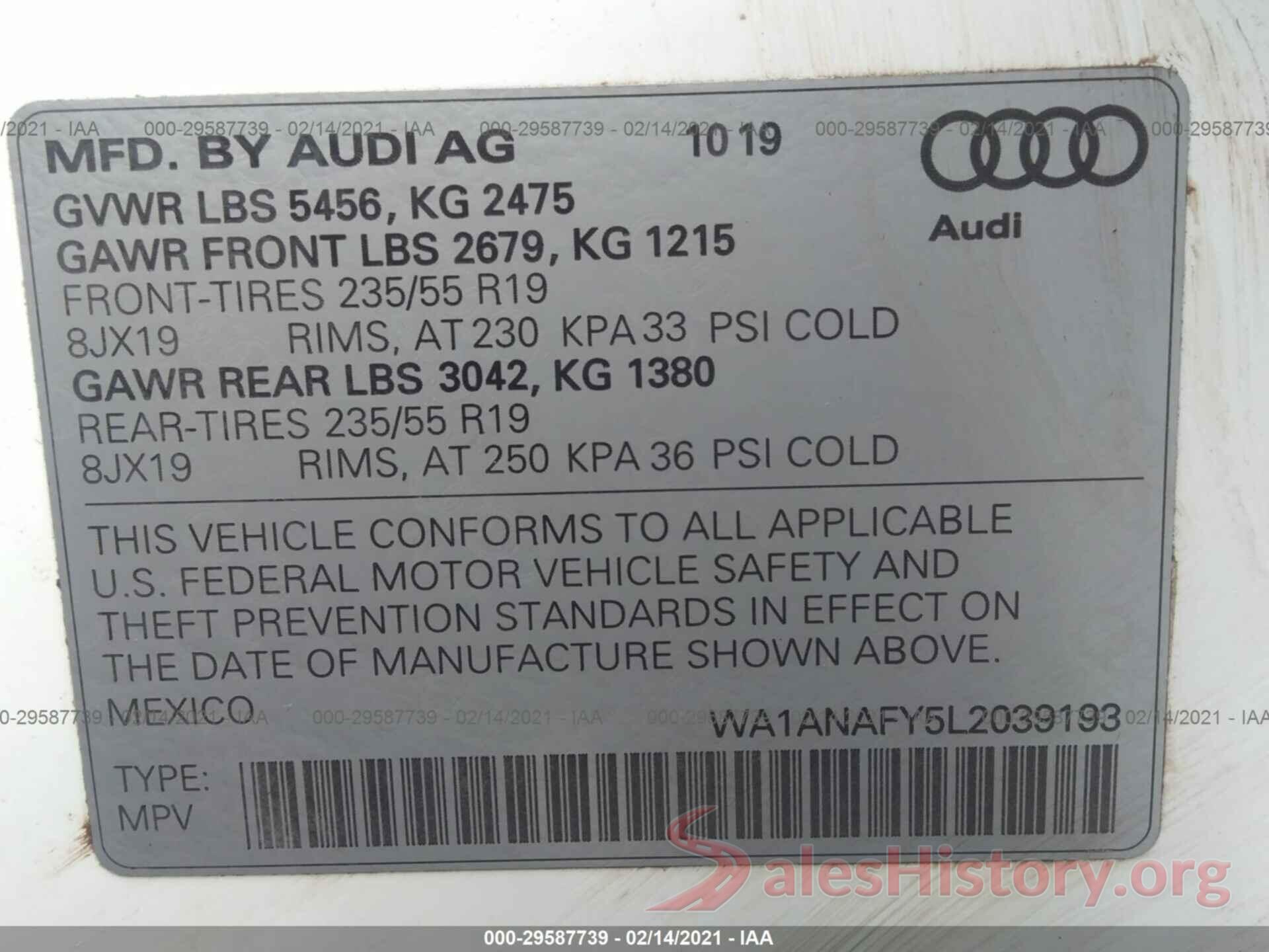 WA1ANAFY5L2039193 2020 AUDI Q5