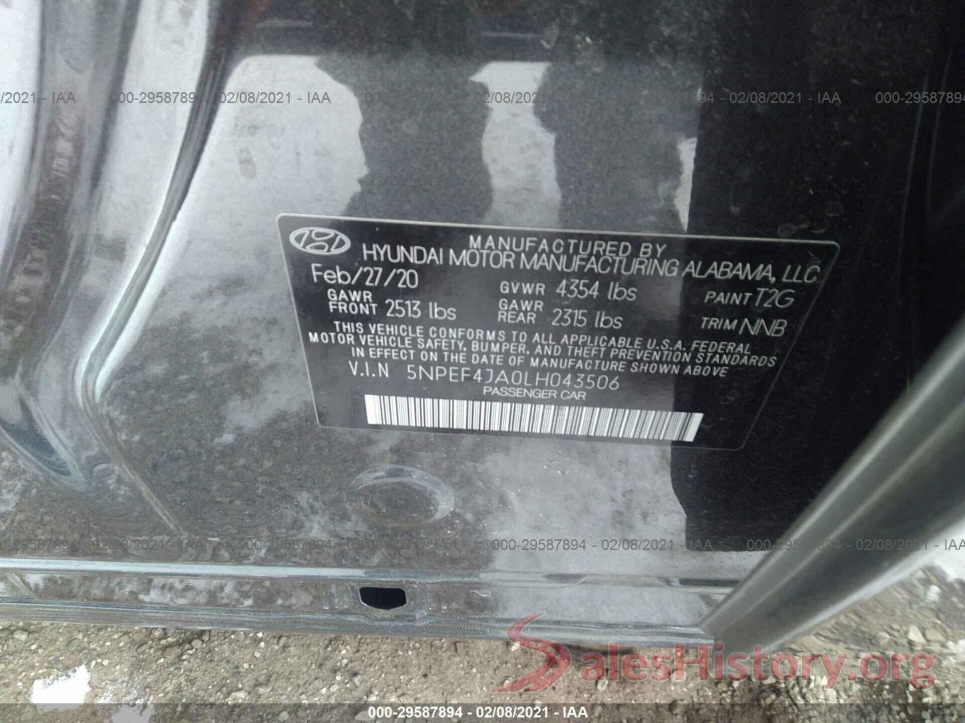 5NPEF4JA0LH043506 2020 HYUNDAI SONATA