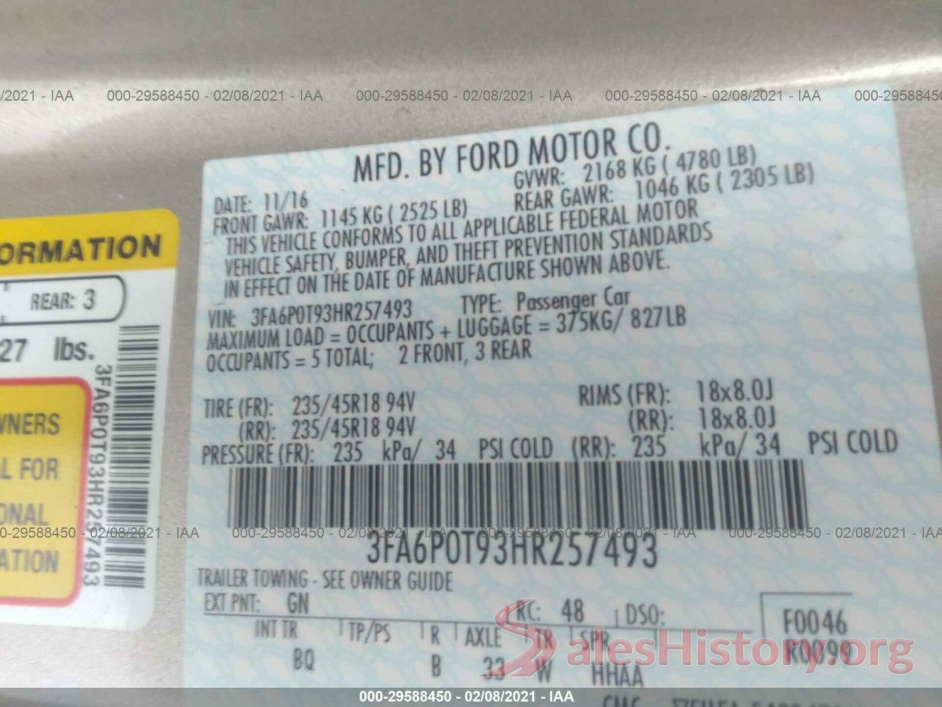 3FA6P0T93HR257493 2017 FORD FUSION