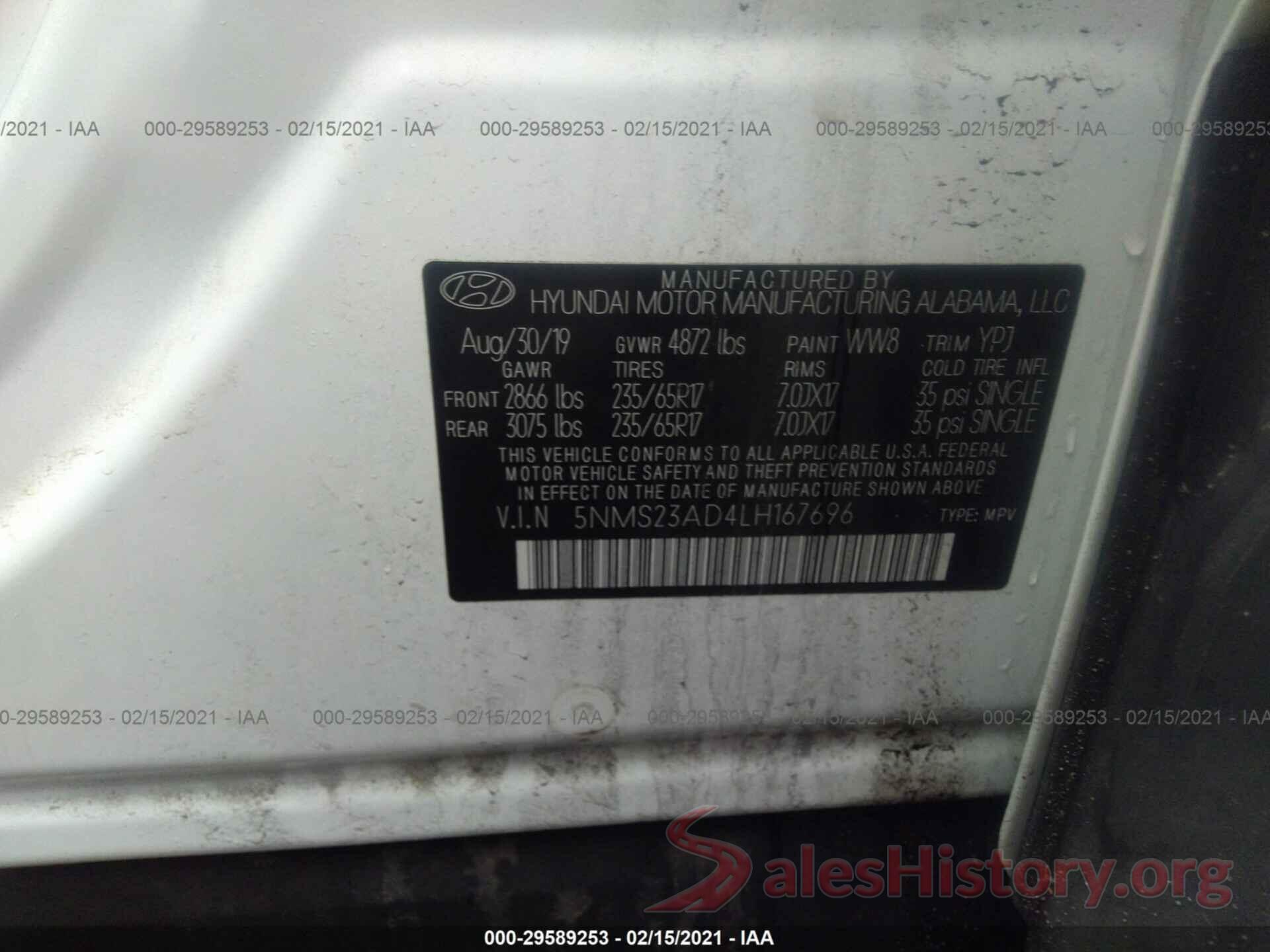 5NMS23AD4LH167696 2020 HYUNDAI SANTA FE