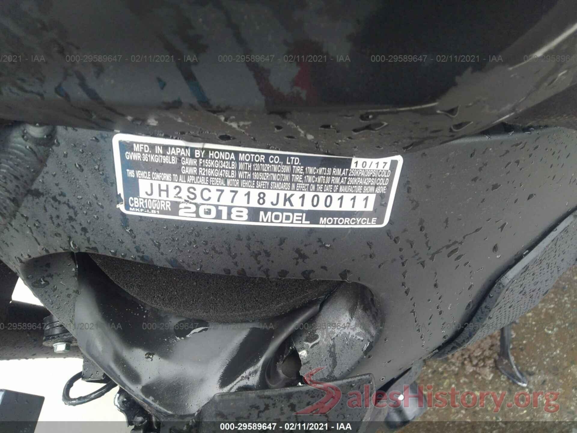 JH2SC7718JK100111 2018 HONDA CBR1000