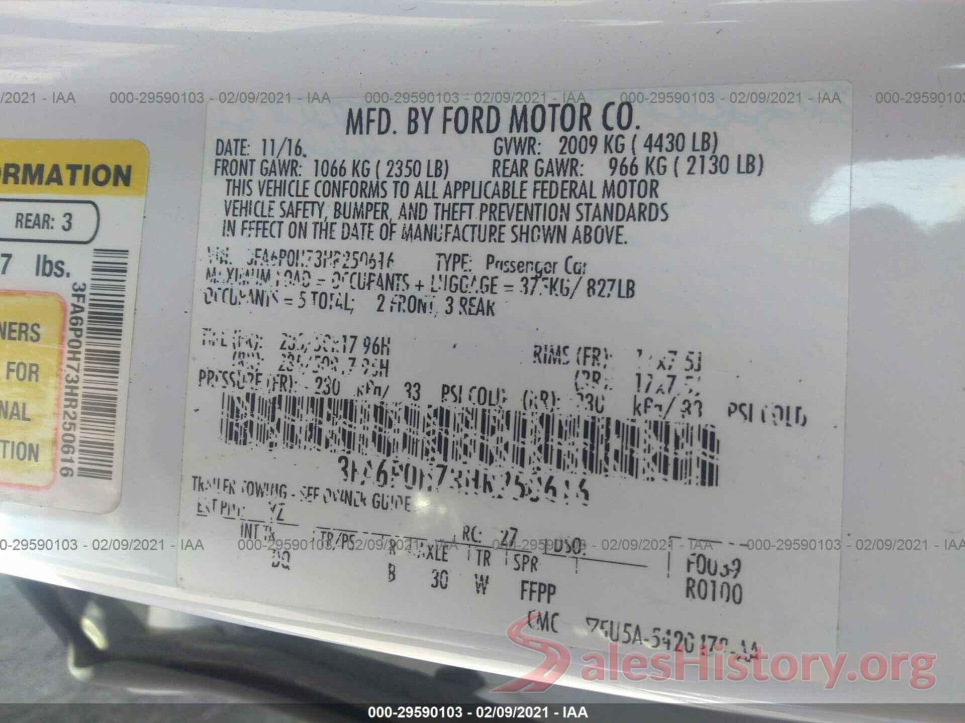 3FA6P0H73HR250616 2017 FORD FUSION