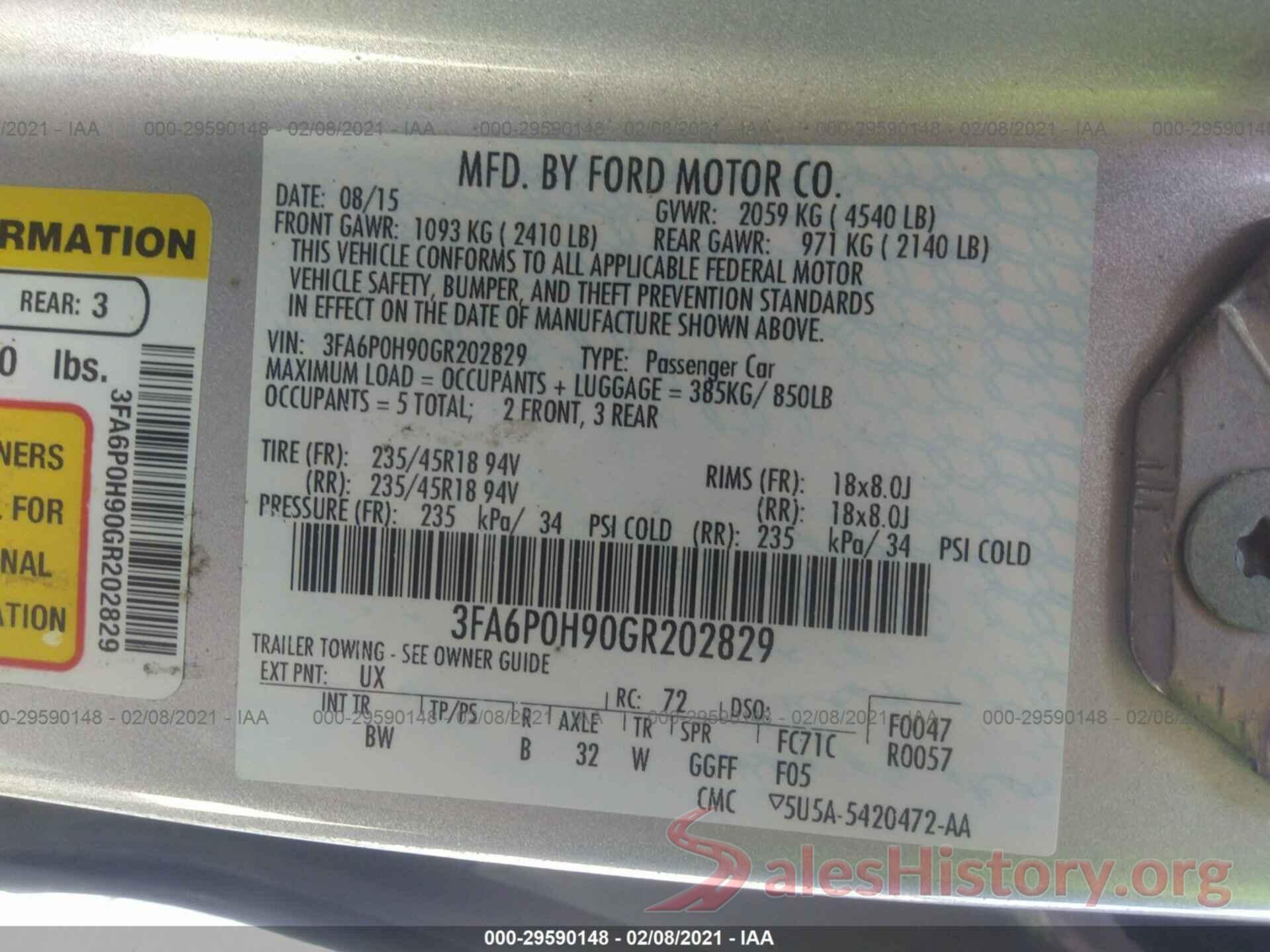 3FA6P0H90GR202829 2016 FORD FUSION