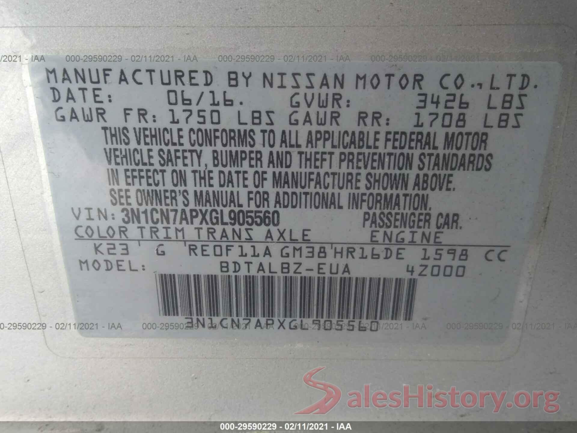 3N1CN7APXGL905560 2016 NISSAN VERSA