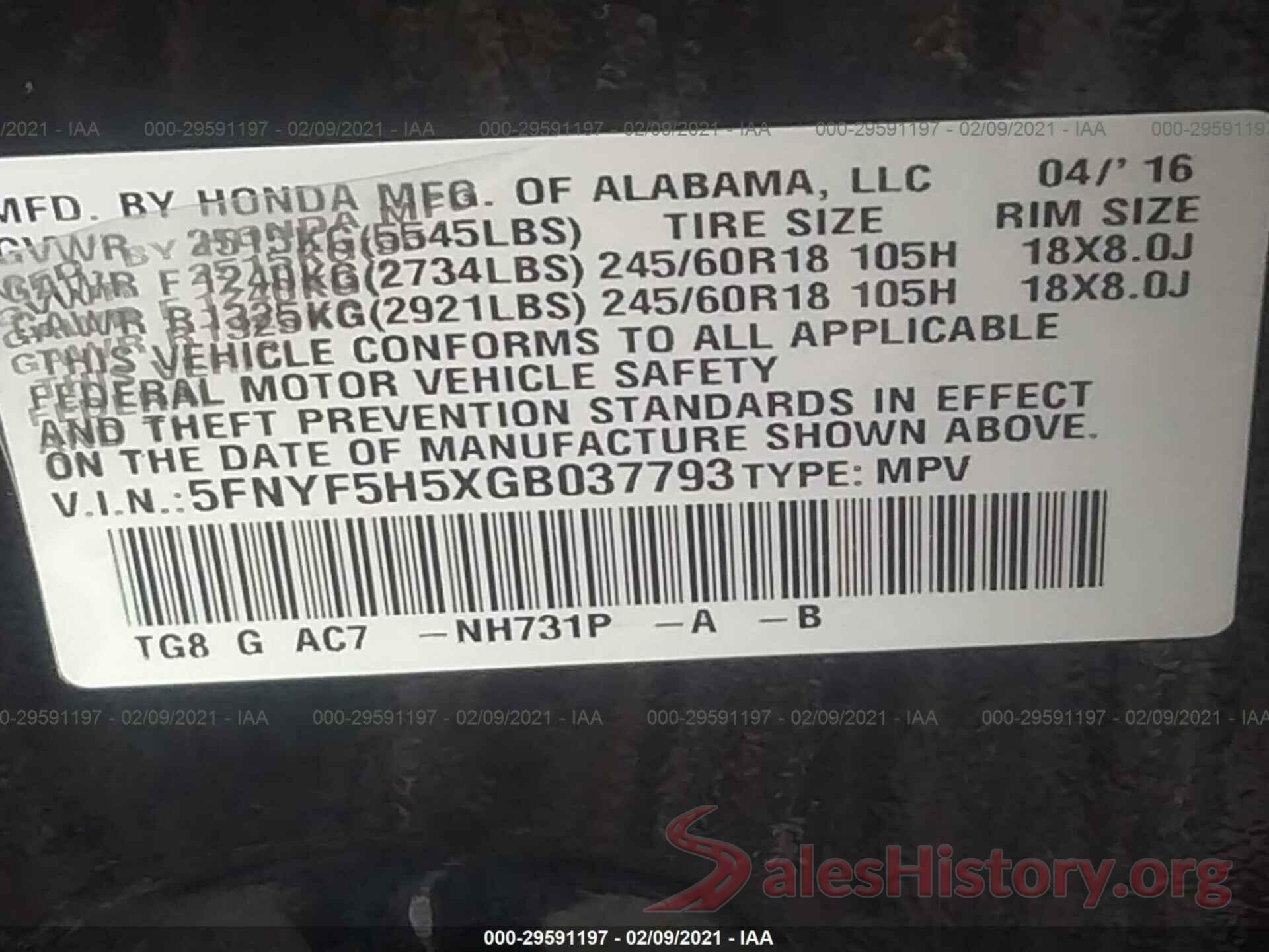 5FNYF5H5XGB037793 2016 HONDA PILOT