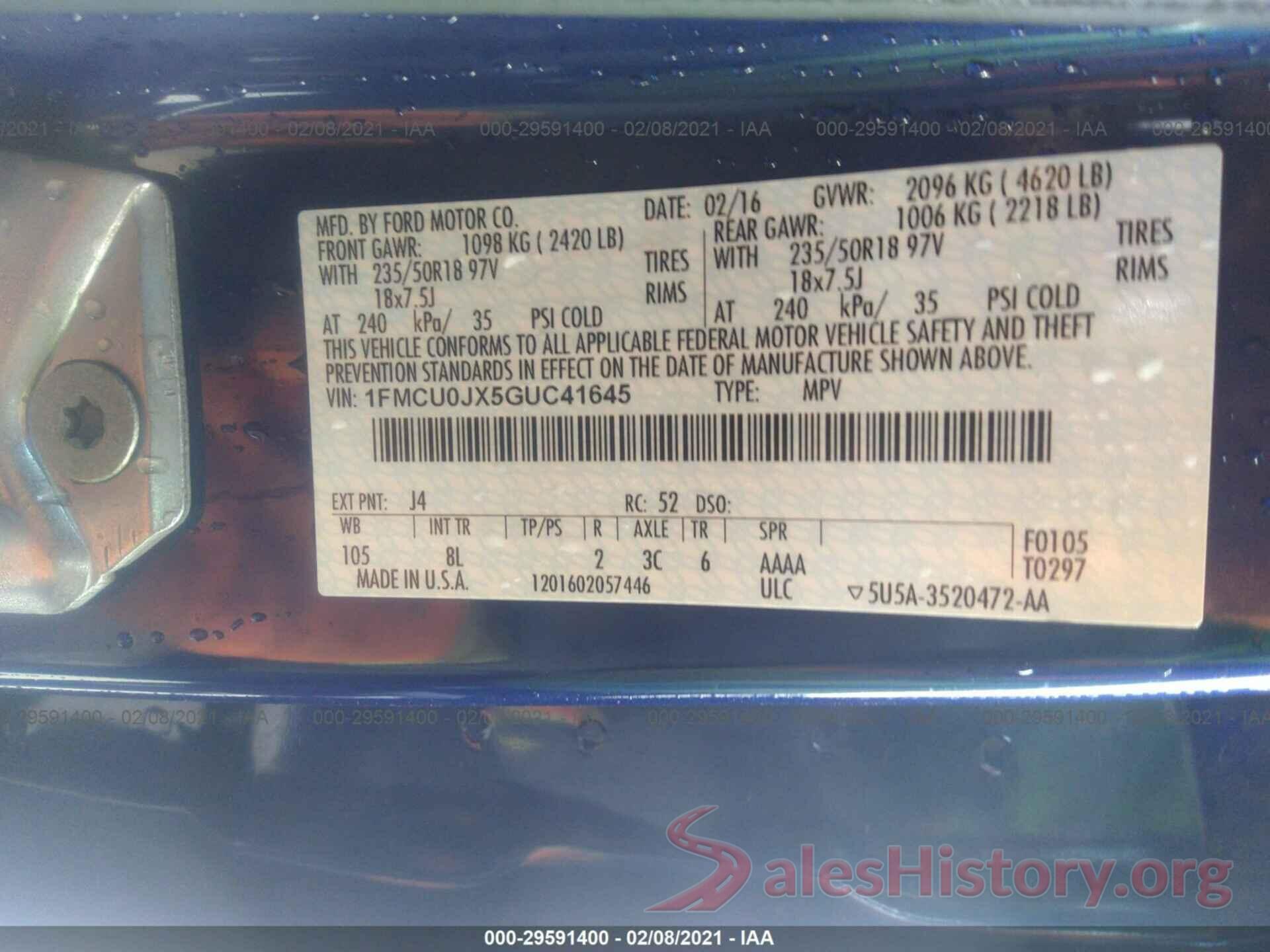 1FMCU0JX5GUC41645 2016 FORD ESCAPE