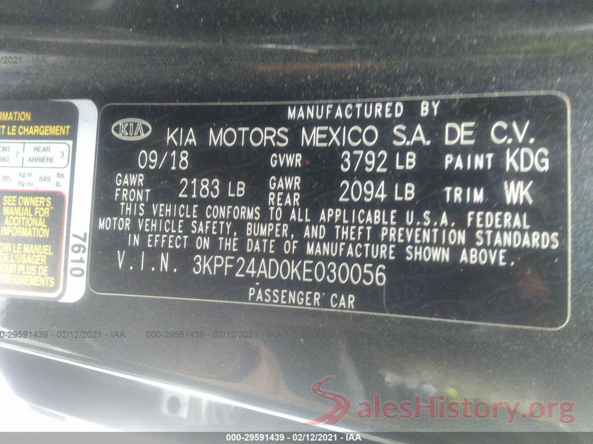 3KPF24AD0KE030056 2019 KIA FORTE