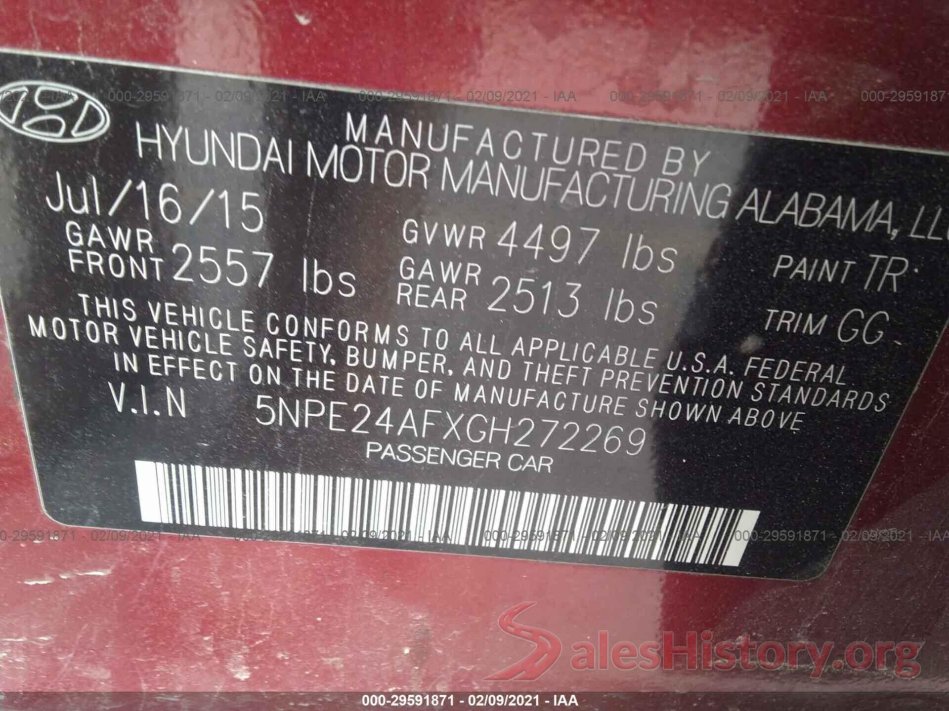 5NPE24AFXGH272269 2016 HYUNDAI SONATA