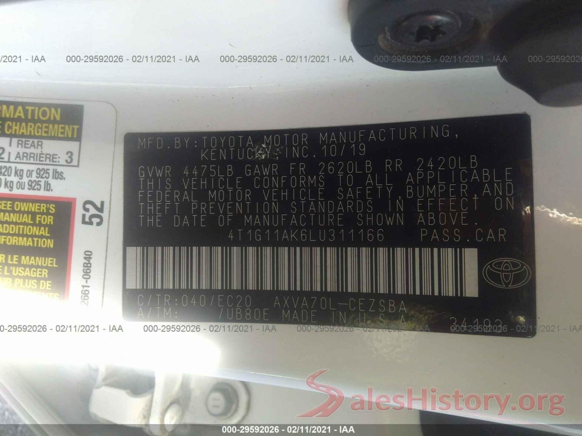 4T1G11AK6LU311166 2020 TOYOTA CAMRY