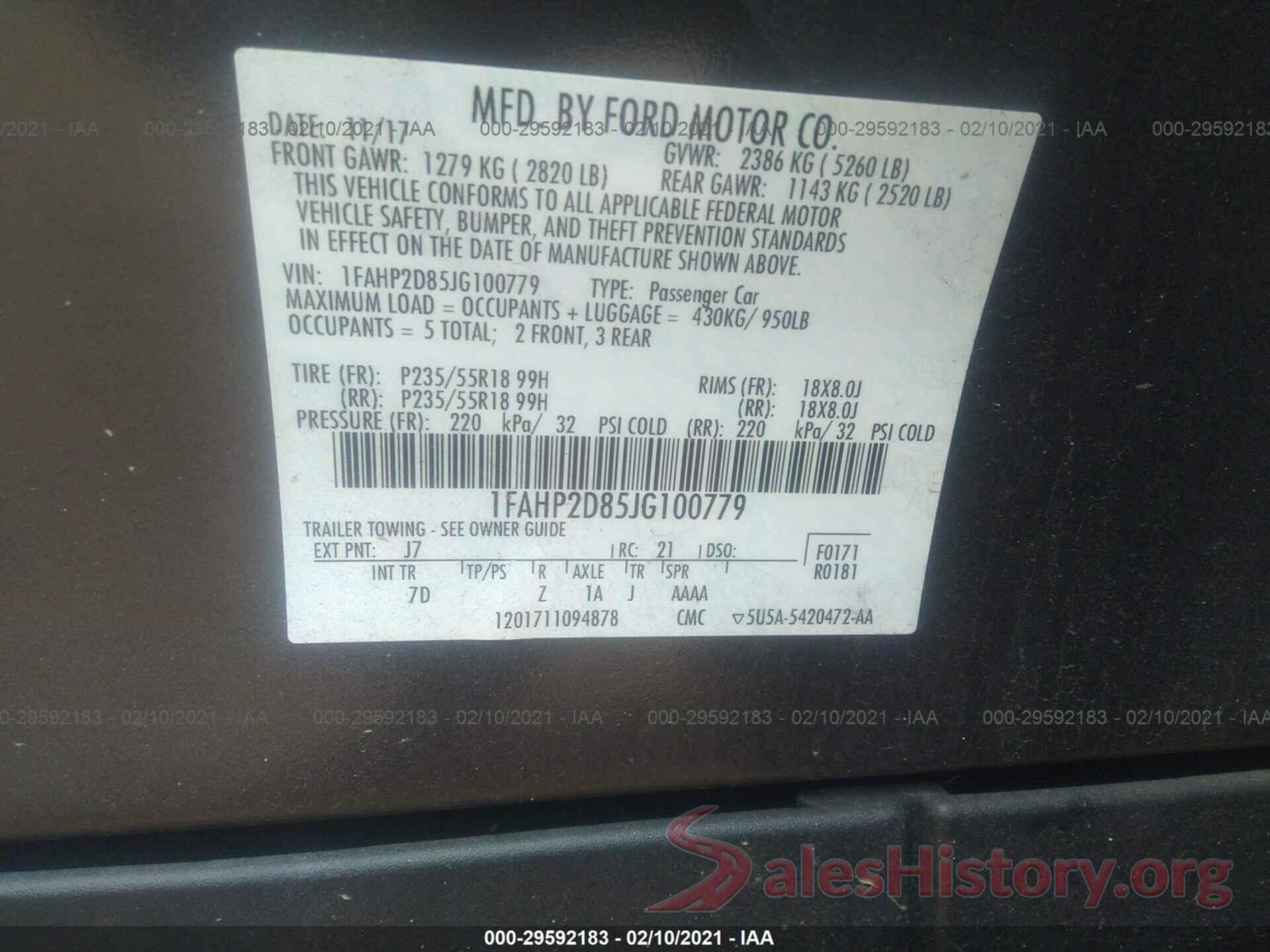 1FAHP2D85JG100779 2018 FORD TAURUS