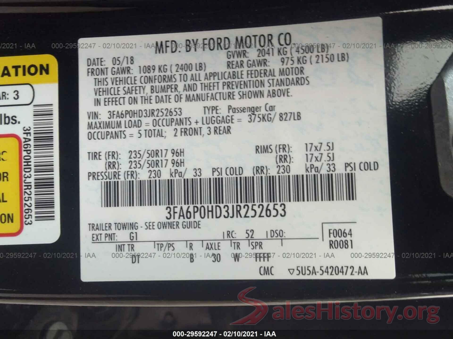 3FA6P0HD3JR252653 2018 FORD FUSION