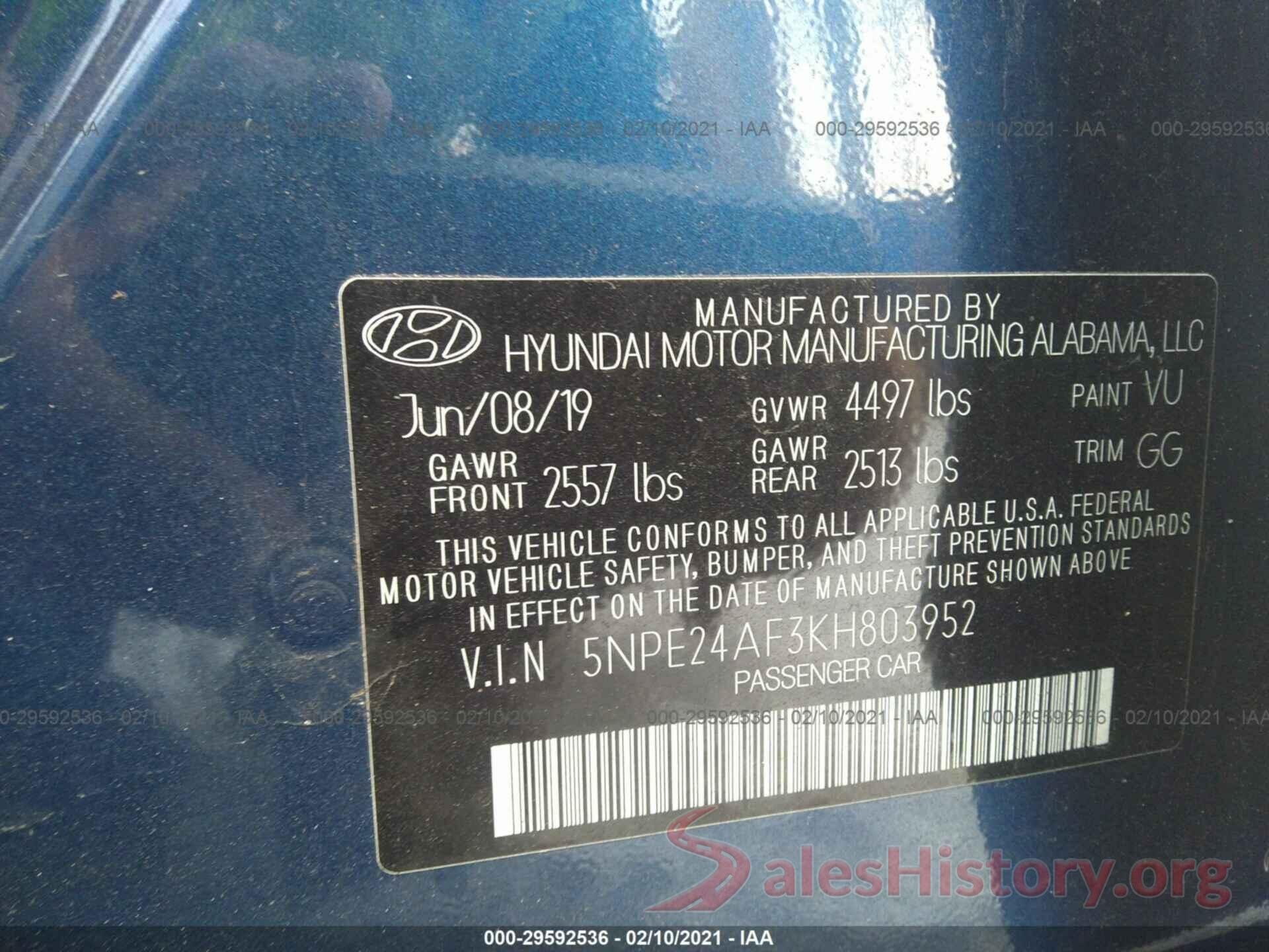 5NPE24AF3KH803952 2019 HYUNDAI SONATA