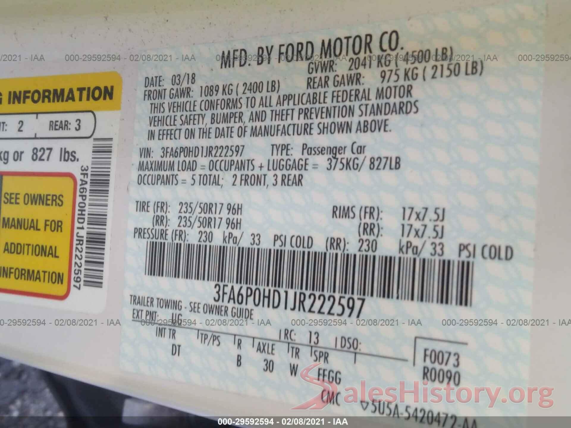 3FA6P0HD1JR222597 2018 FORD FUSION