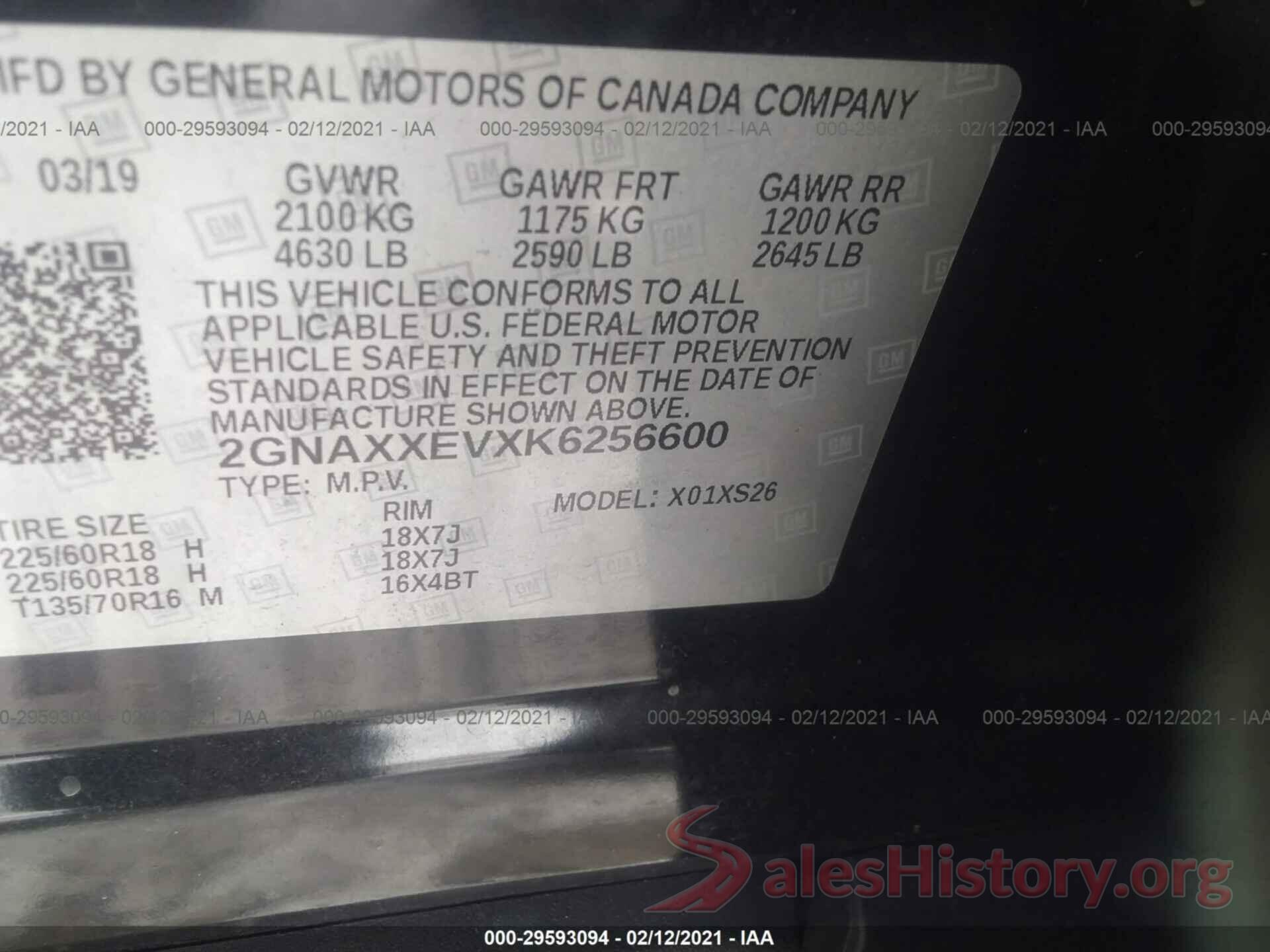 2GNAXXEVXK6256600 2019 CHEVROLET EQUINOX