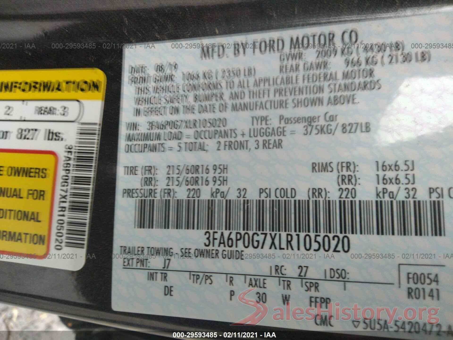 3FA6P0G7XLR105020 2020 FORD FUSION