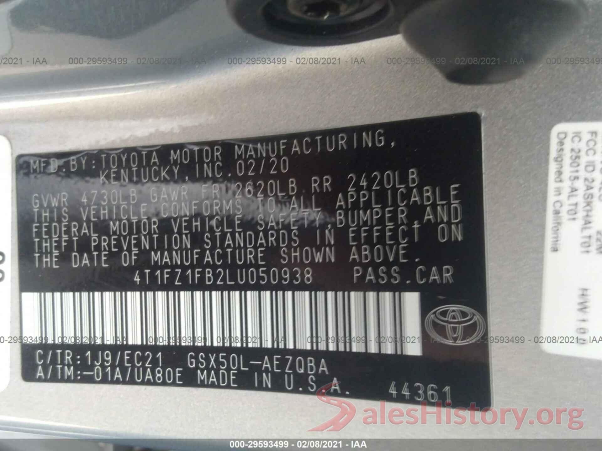 4T1FZ1FB2LU050938 2020 TOYOTA AVALON