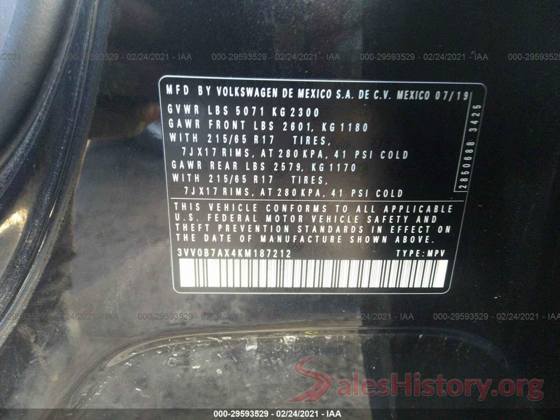 3VV0B7AX4KM187212 2019 VOLKSWAGEN TIGUAN