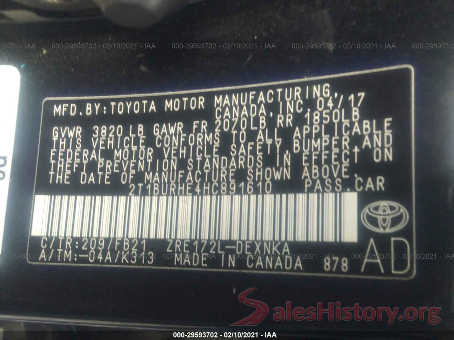 2T1BURHE4HC891610 2017 TOYOTA COROLLA