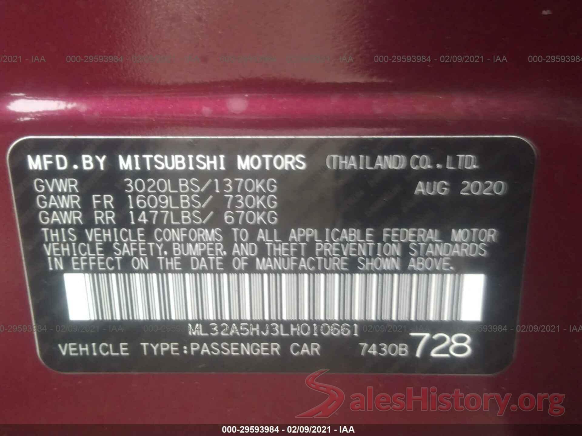 ML32A5HJ3LH010661 2020 MITSUBISHI MIRAGE