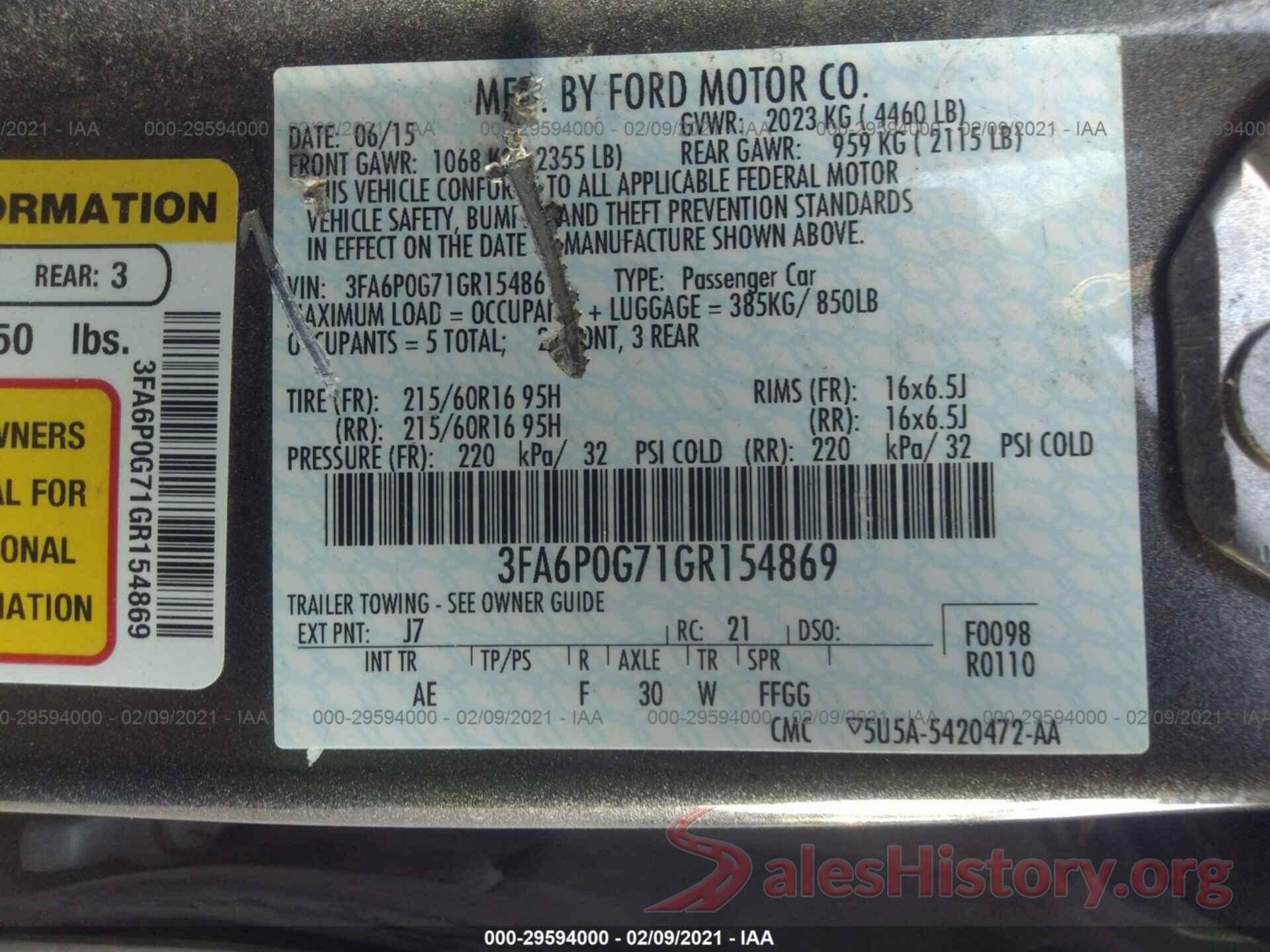 3FA6P0G71GR154869 2016 FORD FUSION