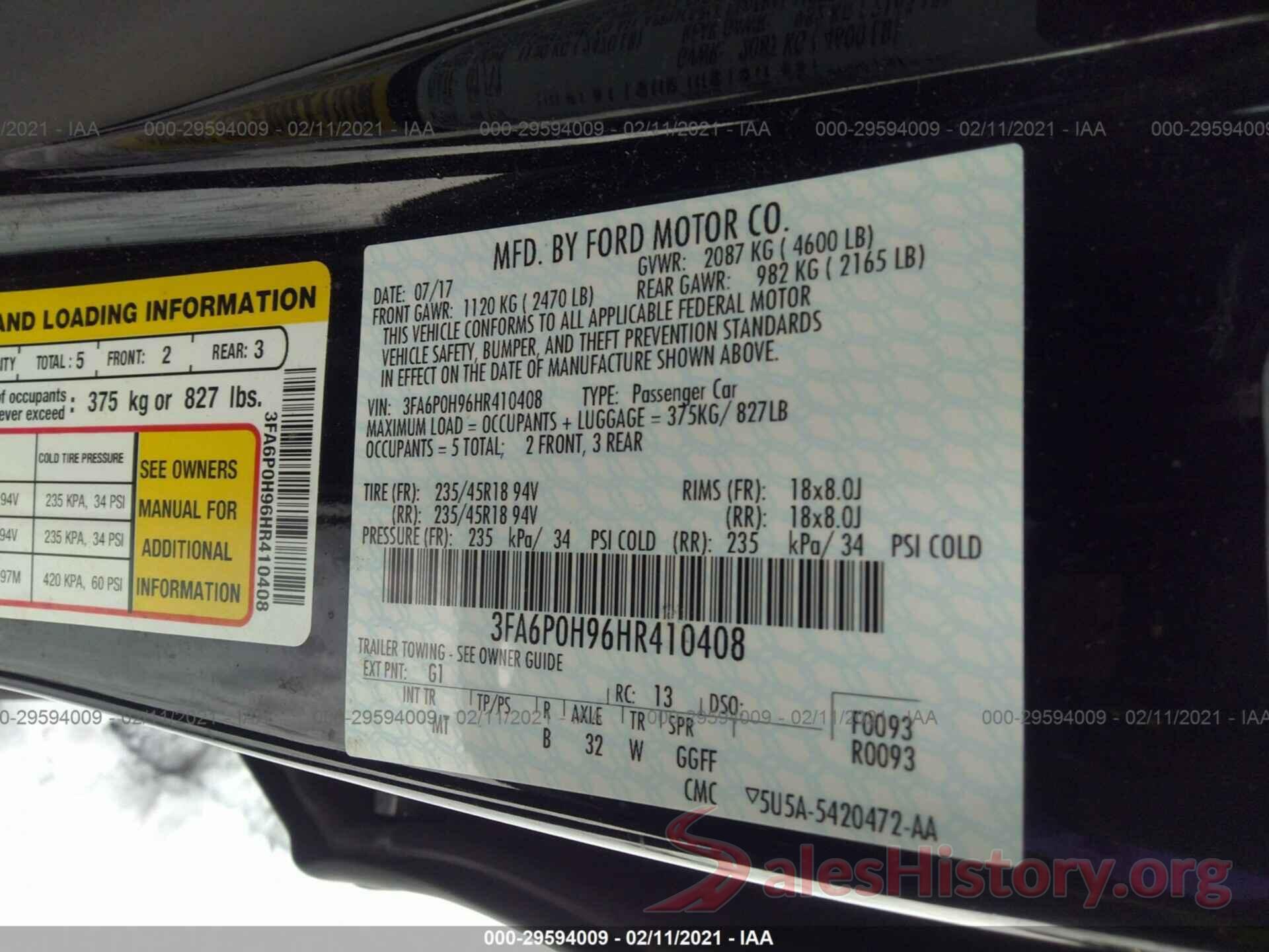 3FA6P0H96HR410408 2017 FORD FUSION