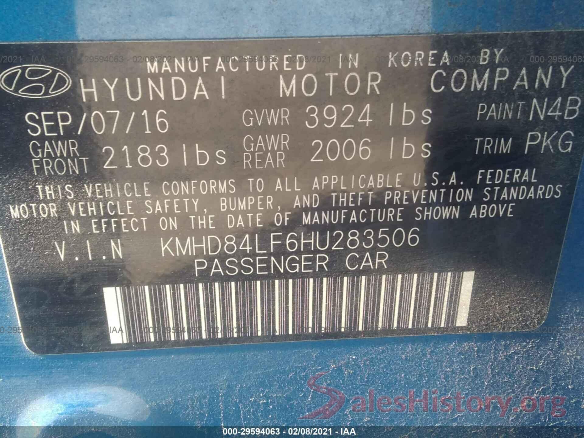 KMHD84LF6HU283506 2017 HYUNDAI ELANTRA