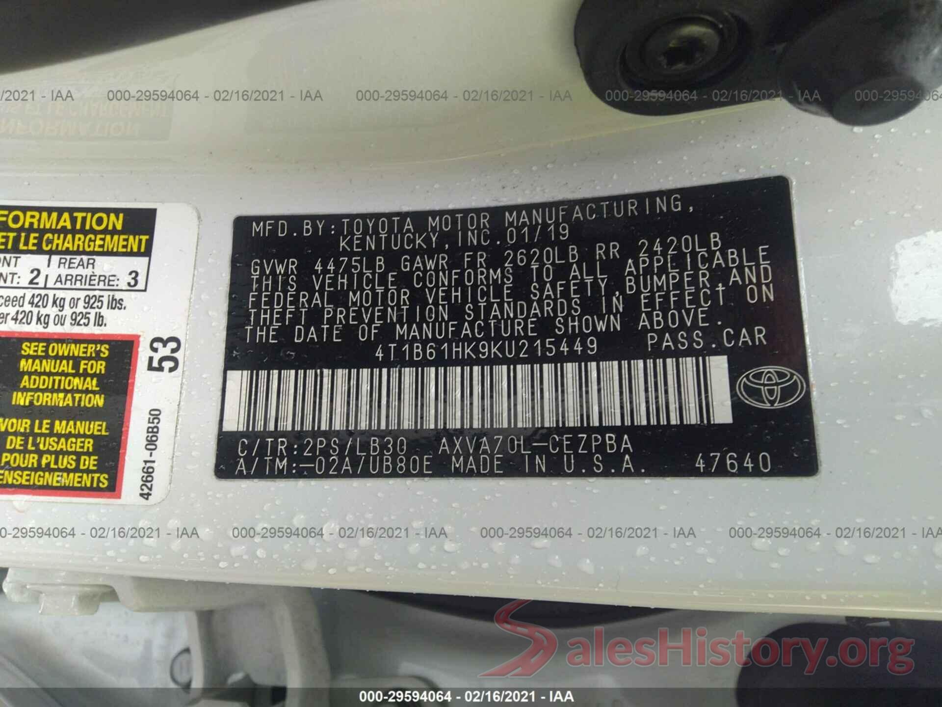 4T1B61HK9KU215449 2019 TOYOTA CAMRY