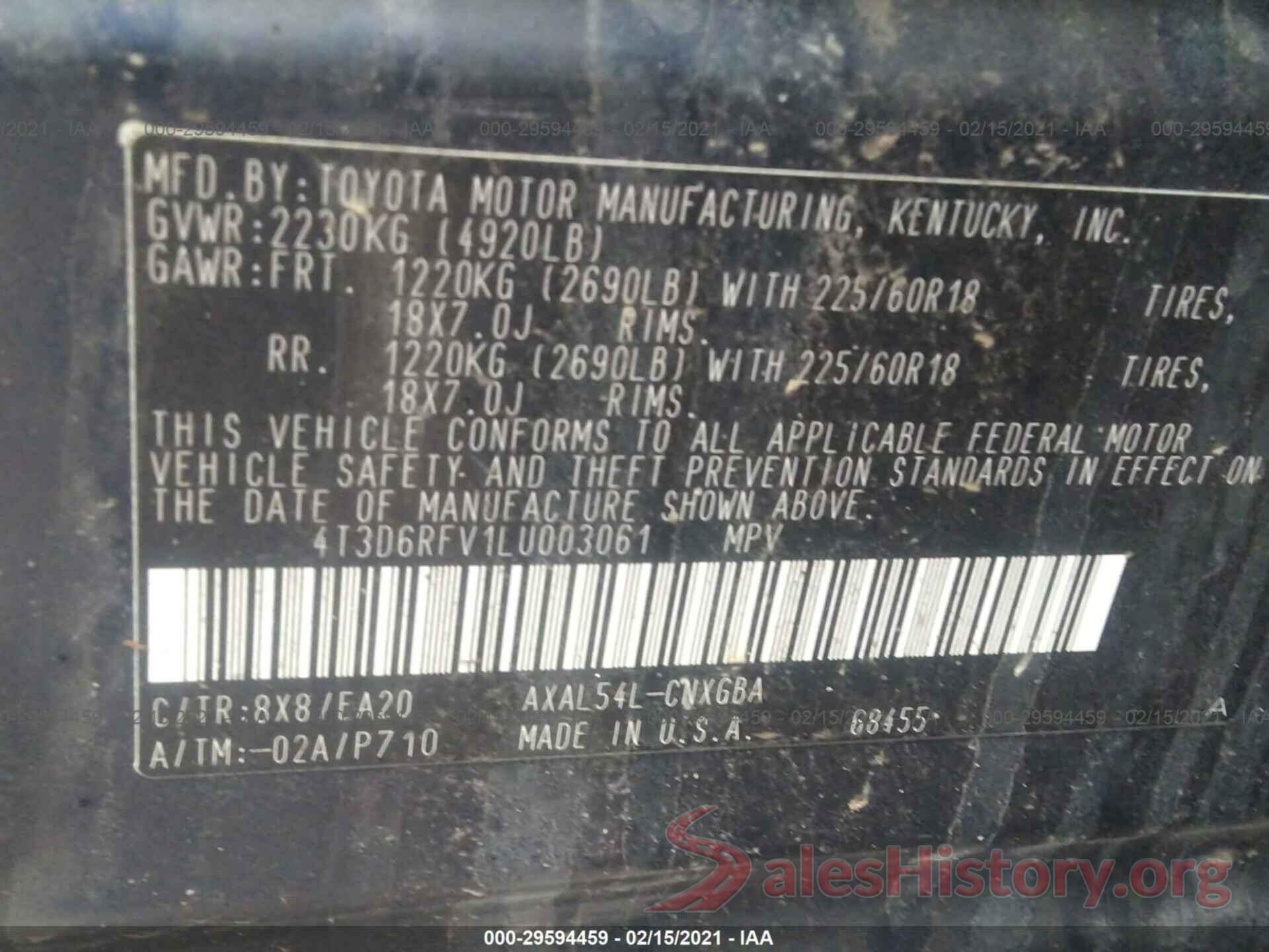 4T3D6RFV1LU003061 2020 TOYOTA RAV4