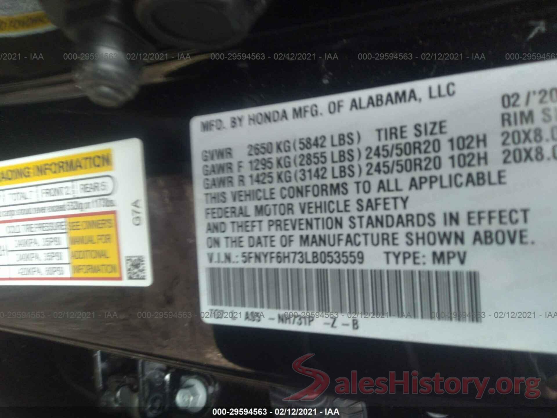 5FNYF6H73LB053559 2020 HONDA PILOT