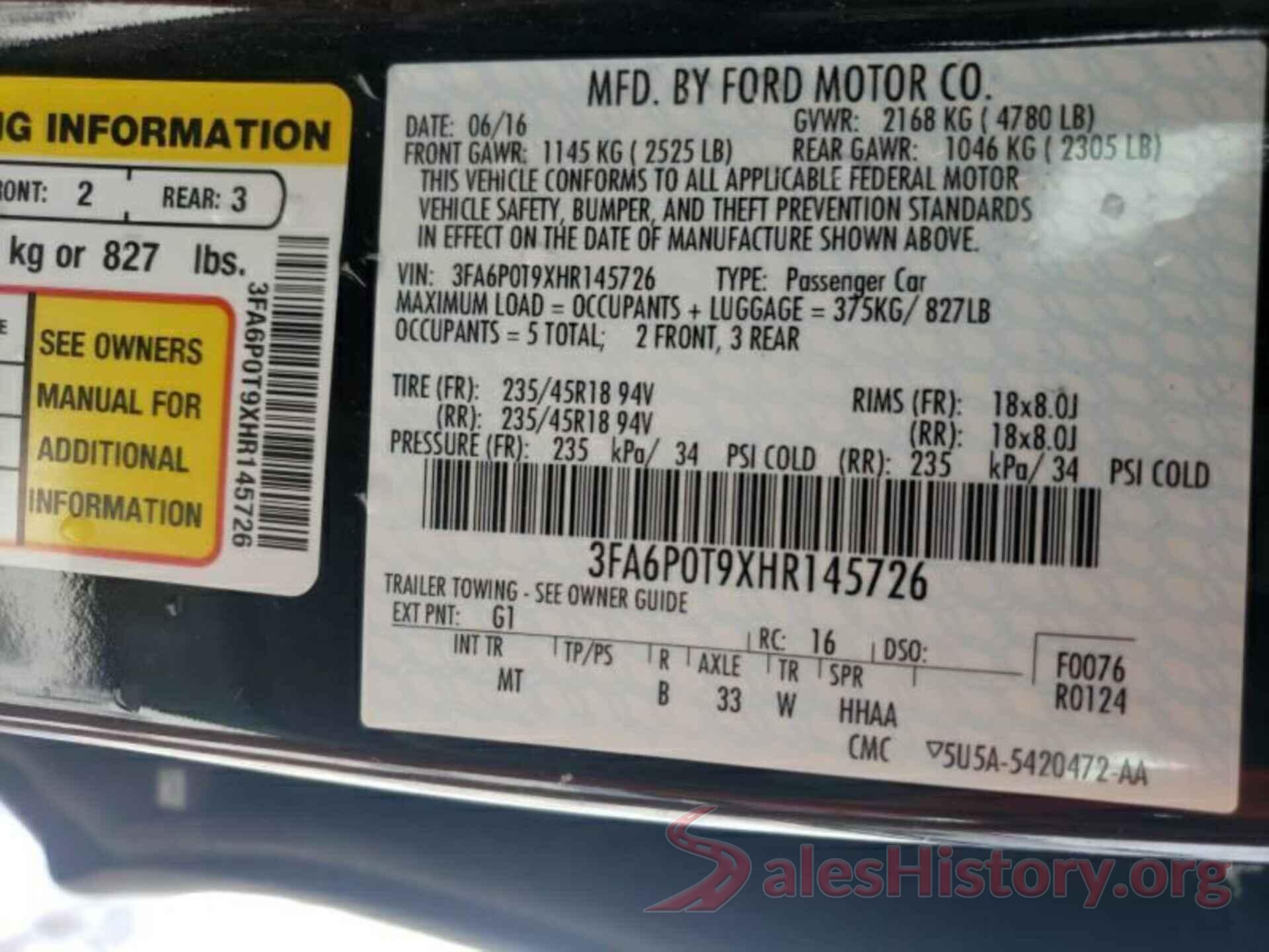 3FA6P0T9XHR145726 2017 FORD FUSION