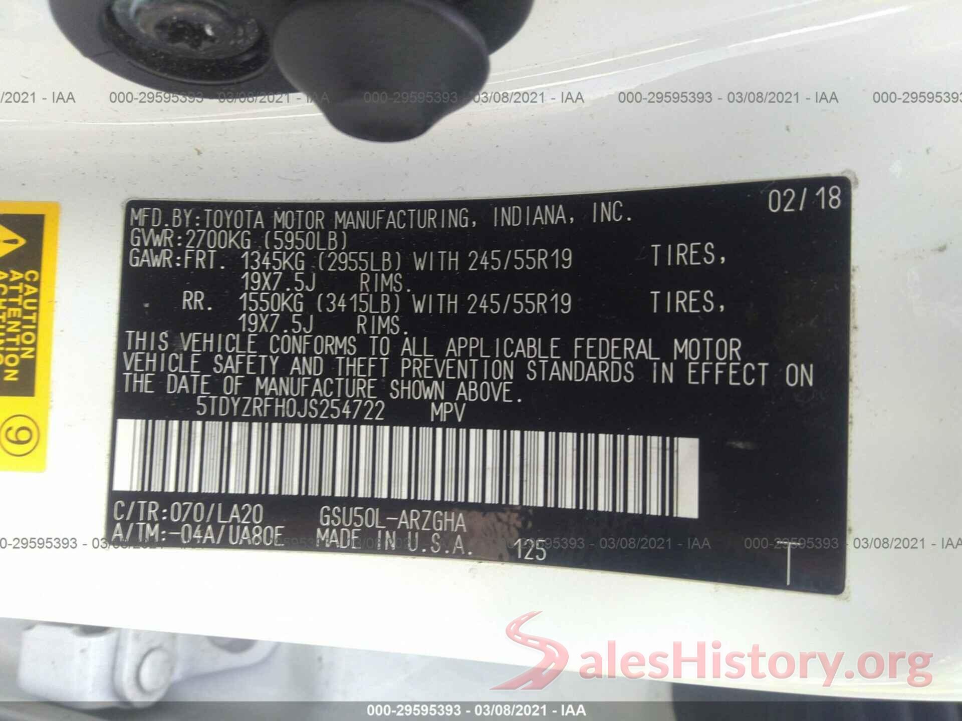 5TDYZRFH0JS254722 2018 TOYOTA HIGHLANDER