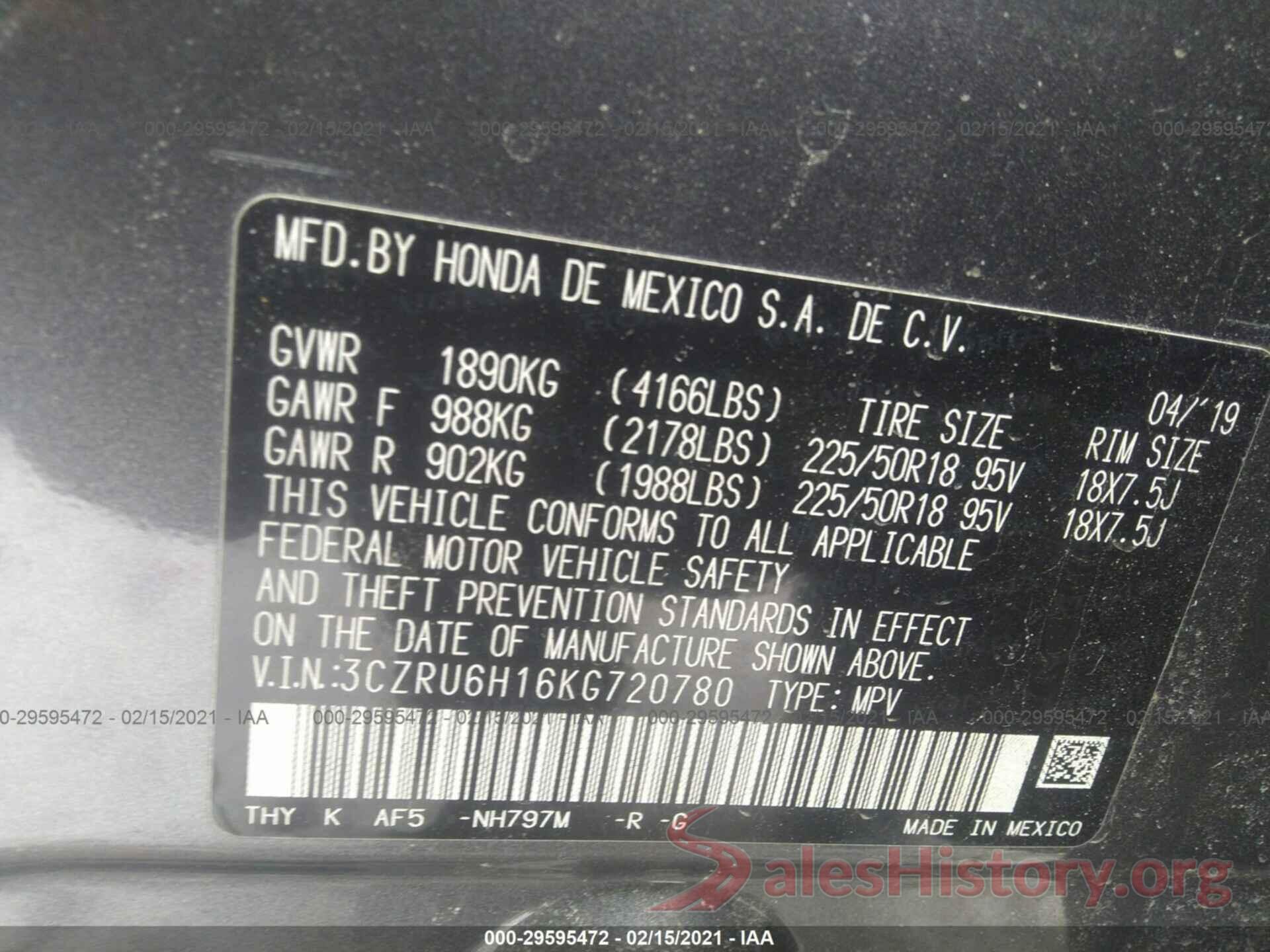 3CZRU6H16KG720780 2019 HONDA HR-V