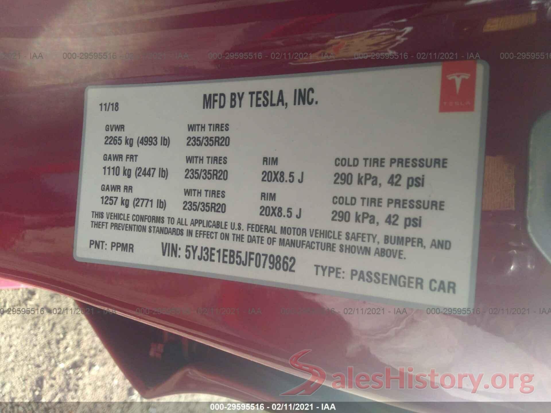 5YJ3E1EB5JF079862 2018 TESLA MODEL 3